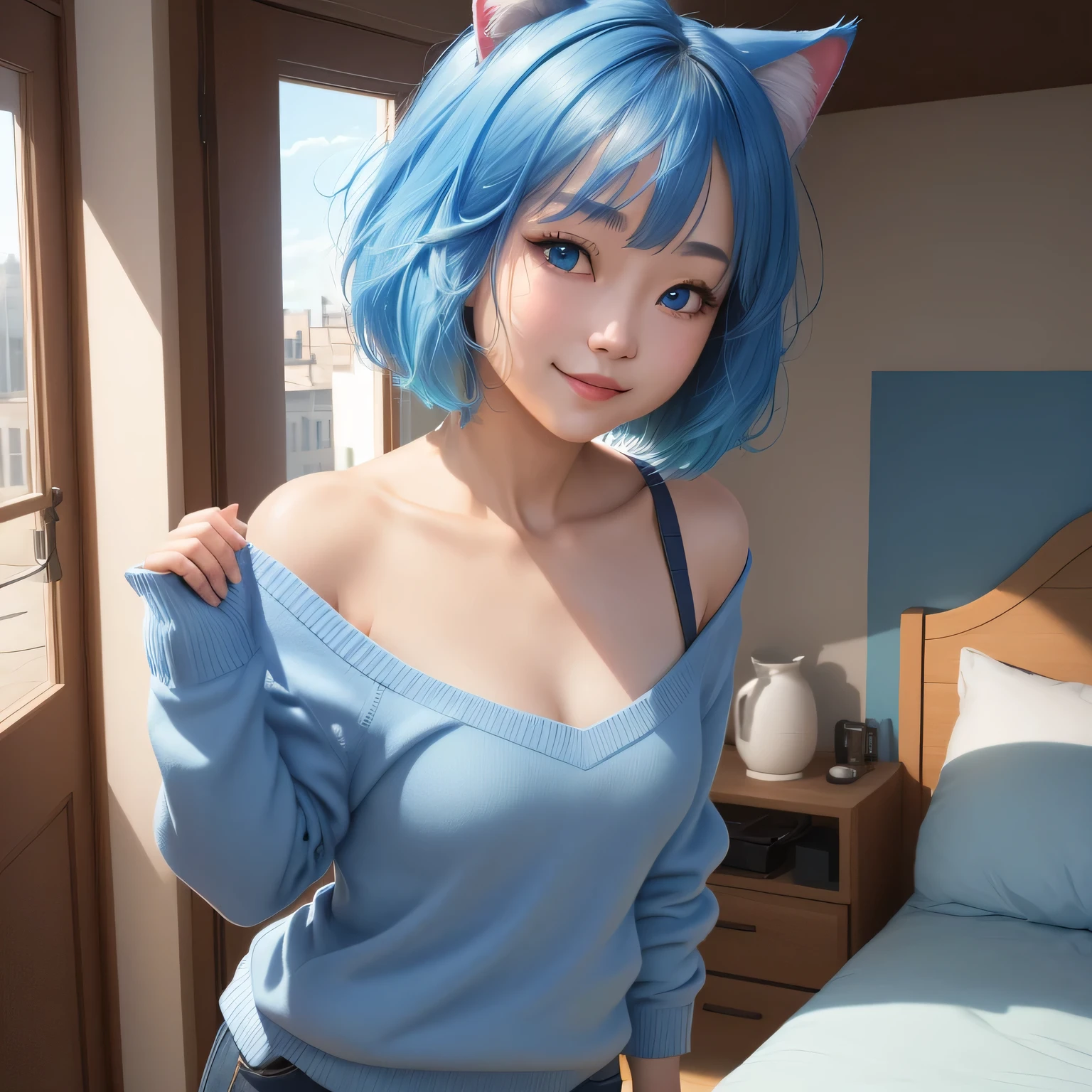 (8k, HDR, RAW photo, best quality, masterpiece:1.2, realistic lighting), medium body view, korean girl, solo, smile, wearing blue sweater, (bob cuts hair), ((sky blue hair)), (messy hair), path traced hair, (sky blue cat ears), ((sky blue eyes)), beauty eyes, (thin face), (flat chest), (small breasts), (home:1.3), wake up from bed, look up, upper body.