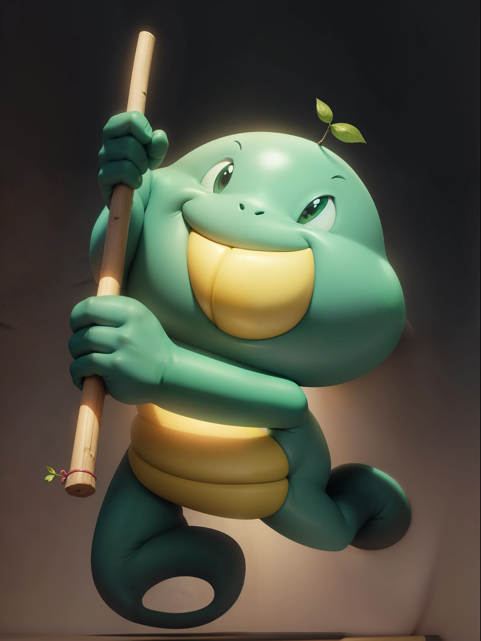 cute,green skin,Yellow belly,Smile,Holding a stick with both hands,run,