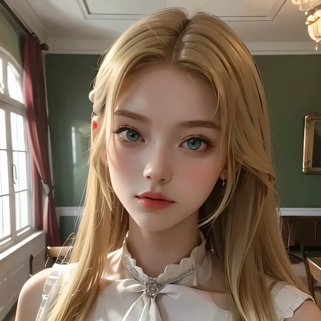 (high-res:1.2),German upper class,cool,beautiful,glamorous lady,(16-year-old) [teenager],Blonde,(long hair:1.1),green eyes,(tsurime:1.1),The background is a private room in a mansion,(1939),