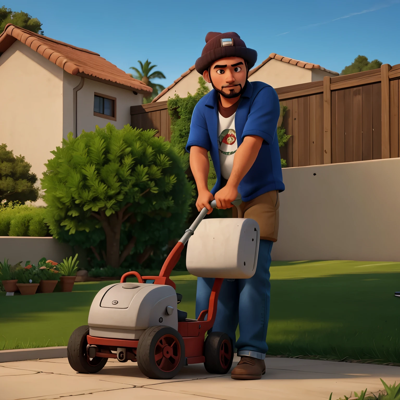 Mexican that has a goatee and wearing a beanie while mowing the lawn