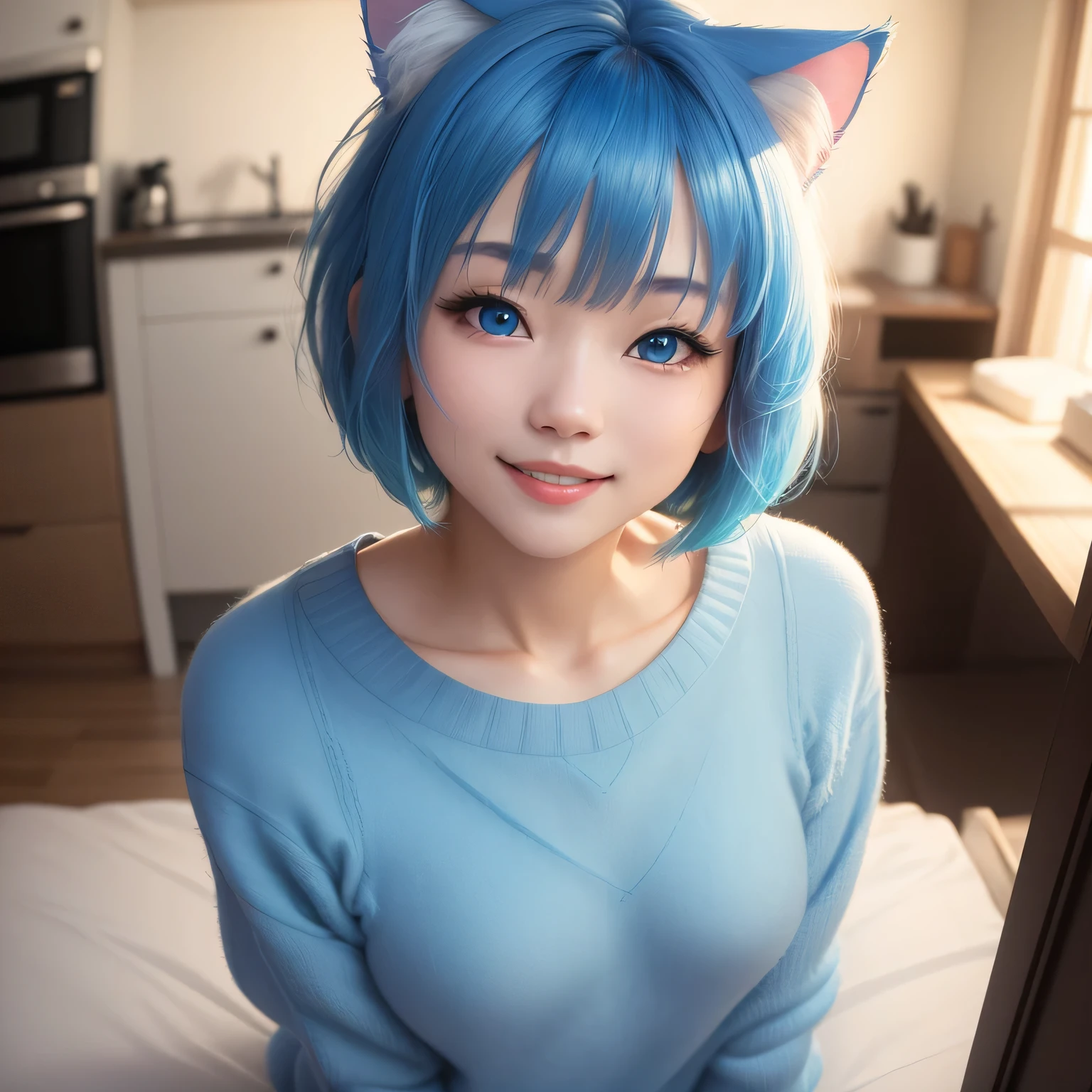 (8k, HDR, RAW photo, best quality, masterpiece:1.2, realistic lighting), medium body view, korean girl, solo, smile, wearing blue sweater, (bob cuts hair), ((sky blue hair)), (messy hair), path traced hair, (sky blue cat ears), ((sky blue eyes)), beauty eyes, (thin face), (flat chest), (small breasts), (home:1.3), wake up from bed, look up, upper body.