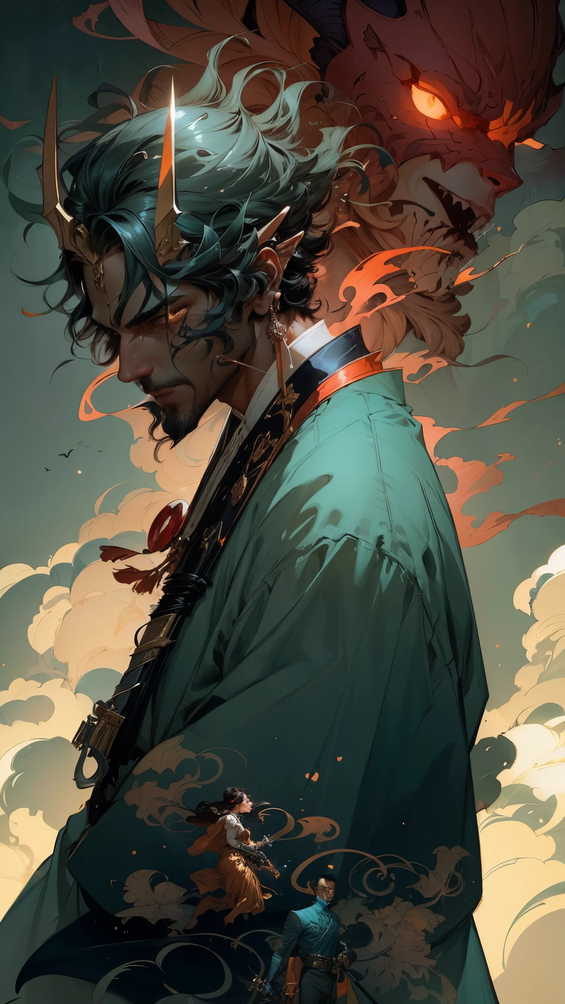 a close up of a person with a sword and a demon on a hill, greg tocchini, jc leyendecker and sachin teng, sachin teng, krenz cushart and wenjun lin, peter mohrbacher style, in the style of sachin teng, style of peter mohrbacher, krenz cushart and artem demura