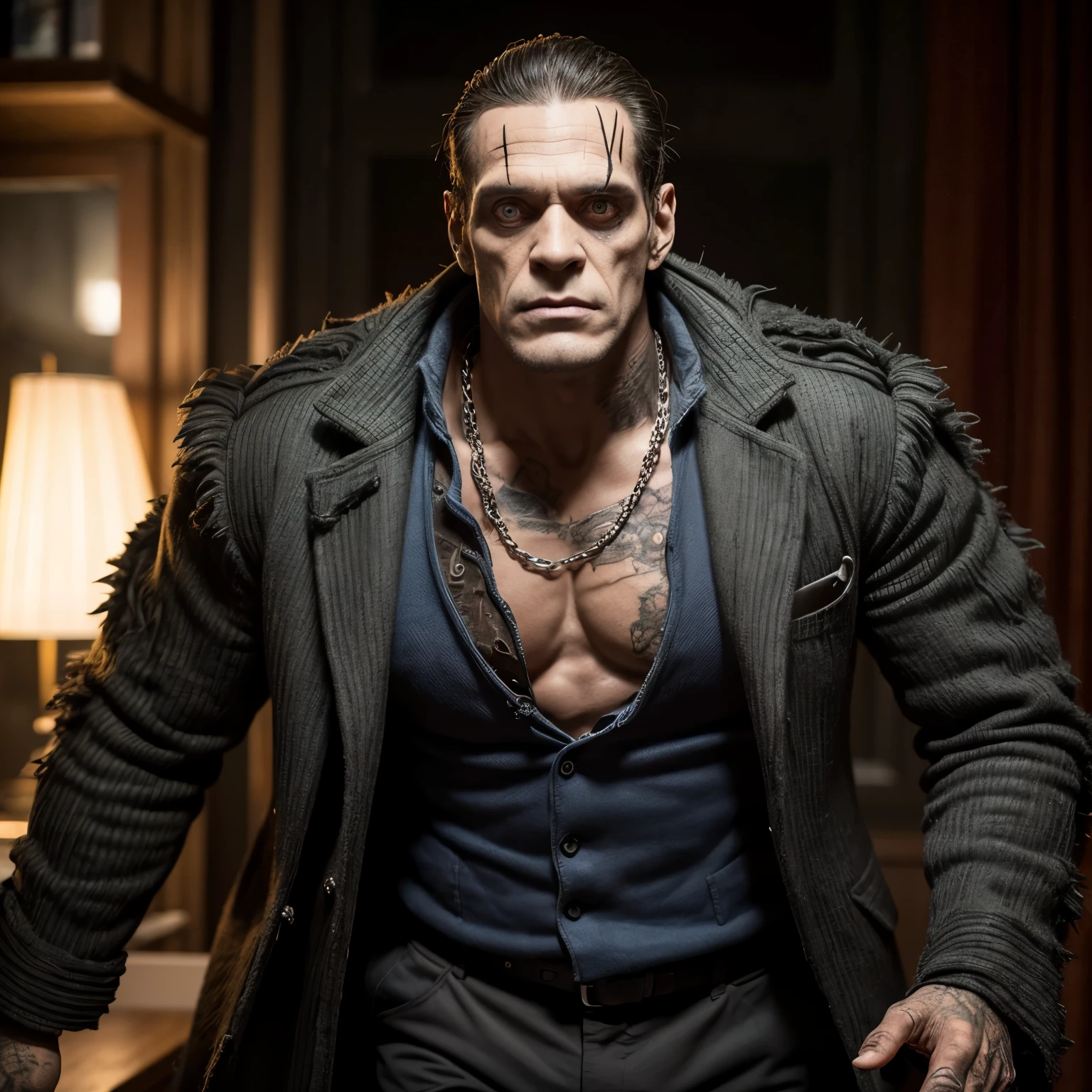 Frankenstein monster, rotten, wearing old suit, ((hyper detailed)), (not duplicated), stitches, wearing chain, muscular, undead