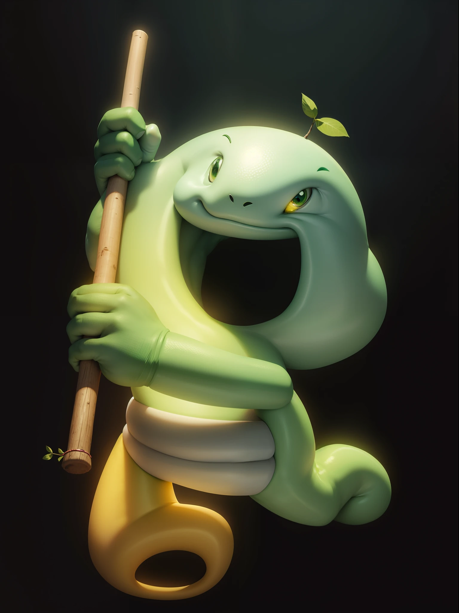 cute,green skin,Yellow belly,Smile,Holding a stick with both hands,run,