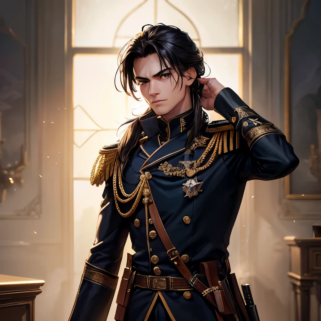 (best quality,4k,8k,highres,masterpiece:1.2),ultra-detailed:1.37,A cool but ruthless young man,3rd class officer uniform,black long hair tied in a ponytail,sharp and menacing expression,piercing eyes,tightly gripping a military sword,mysterious aura,olive drab color tone,detailed military insignia and rank patches,background with naval elements,authentic historical accuracy,gritty textures,studio lighting,emphasize facial features,high contrast,subtle shadows,dynamic pose,confident posture,imposing presence,vivid colors that enhance the mood,attention to hair and clothing details,revealing the young man's character,strong composition that captures the intensity of the moment,masterful use of light and shadow,create a sense of depth and volume