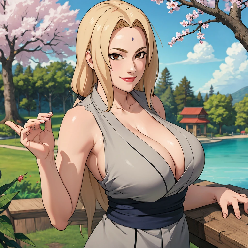 masterpiece， Best quality at best， (1girl)， Tsunade Senju， Large breast，（cleavage)，（upperbody closeup), (shirtless), Raised sexy， shy，smile，long blonde hair, （brown eyeballs:1.4)， the cherry tree, busty figure, huge breats, busty, cleavage