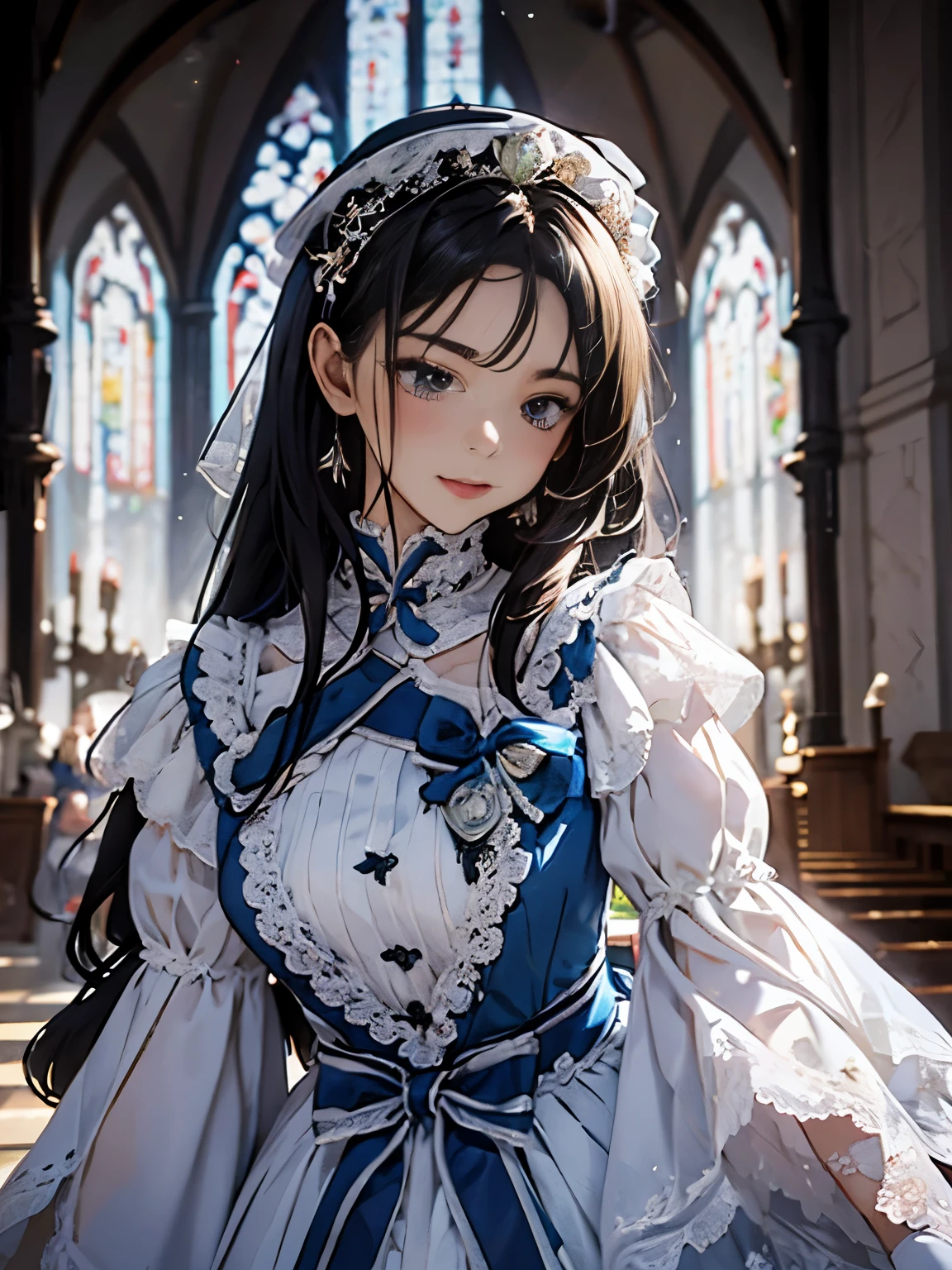 In front of the altar of a majestic church、（blurred background）、brighter light、golden long hair girl、Classic White Wedding Dresses、（elegant luster）、（Lots of races）、lots of ribbons、((voluminous puff sleeves))、long cuffs with many buttons、golden embroidery、long train、white embroidered gloves、five fingers、laughter、Redness of the cheeks