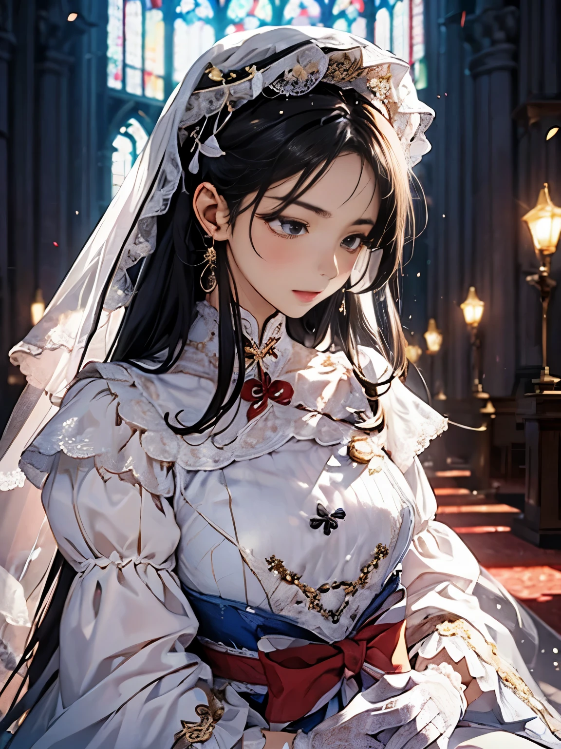 In front of the altar of a majestic church、（blurred background）、brighter light、golden long hair girl、Classic White Wedding Dresses、（elegant luster）、（Lots of races）、lots of ribbons、((voluminous puff sleeves))、long cuffs with many buttons、golden embroidery、long train、white embroidered gloves、five fingers、laughter、Redness of the cheeks