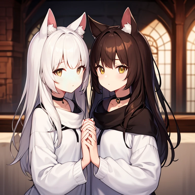 twins, , short fluffy white hair, Big round mouse ears, White sweater, Hand in hand, ((dark brown eyes)), couple, beautiful, glossy lips, fine eyes