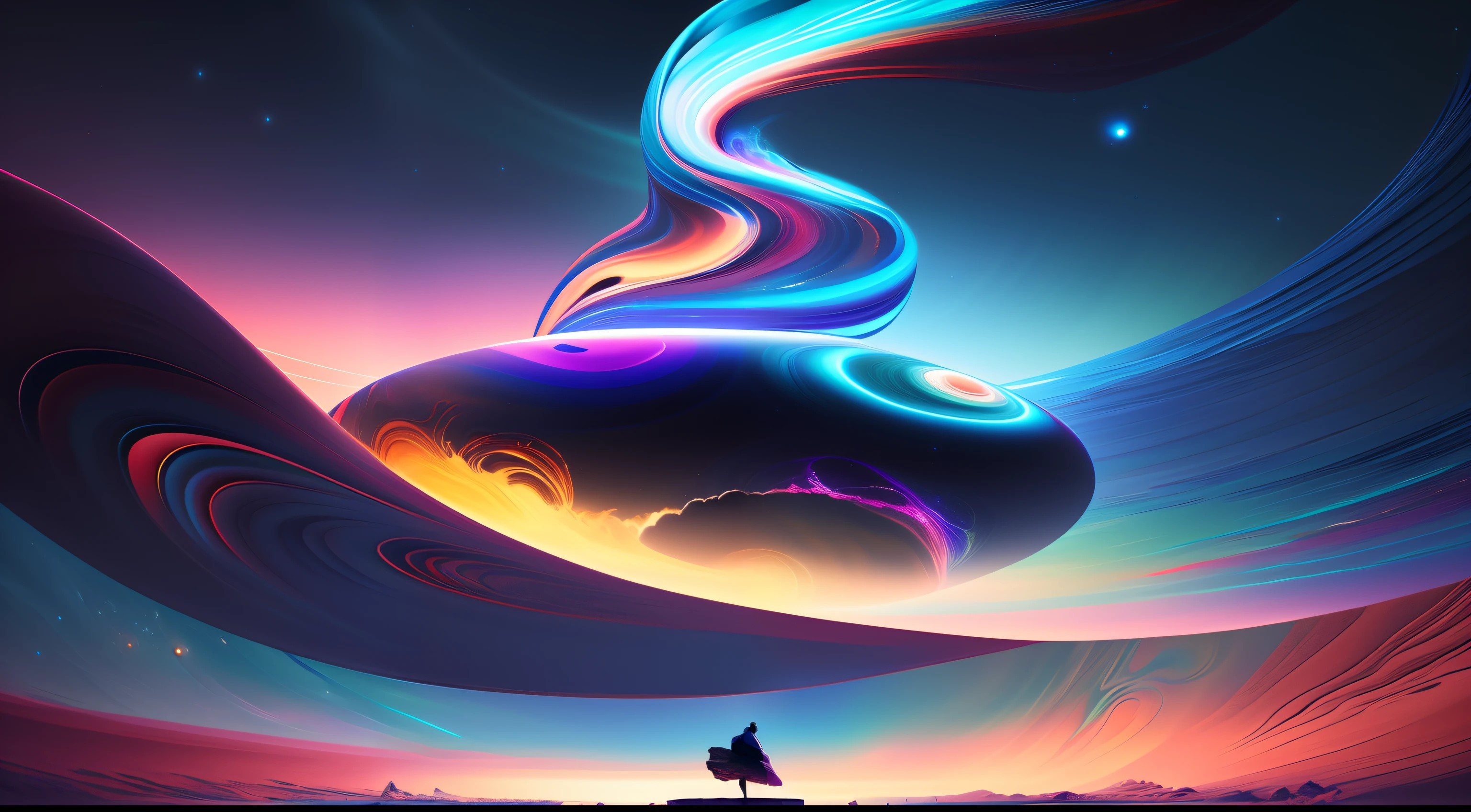 Colorful digital painting，A man stands on a rock in front of a planet, 8K stunning artwork, swirling magical energy, 8K HD wallpaper digital art, Beautiful art UHD 4 K, softly swirling magical energy, glowing sphere, swirls of magic, colorfull digital fantasy art, Beautiful digital artwork, Digital artwork 4 K, space fractal gradient