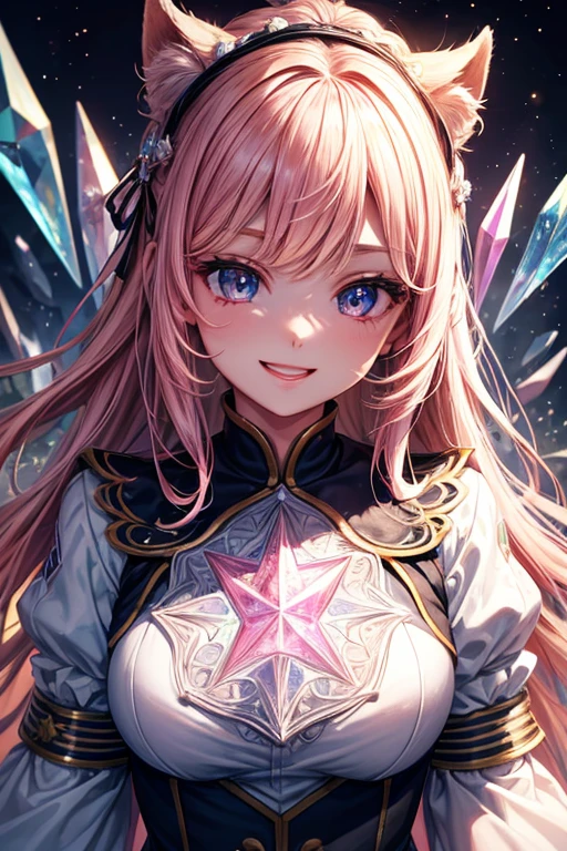 absurdres, superfine illustration,rainboweffect, highres, ultra detailed,light diffusion,highly detailed light reflection, kaleidoscope, harmonious, best shadow, highly detailed very beautiful big smile face, ;D, beautiful growing crystal diamond star pupil,look at viewer, beautiful detailed hair, solo, dynamic pose, beautiful detailed pink and black ribon, beautiful detailed High school uniform, Fantastic and the whole shines and shooting star and the wind is strong in detail background,wish for peace