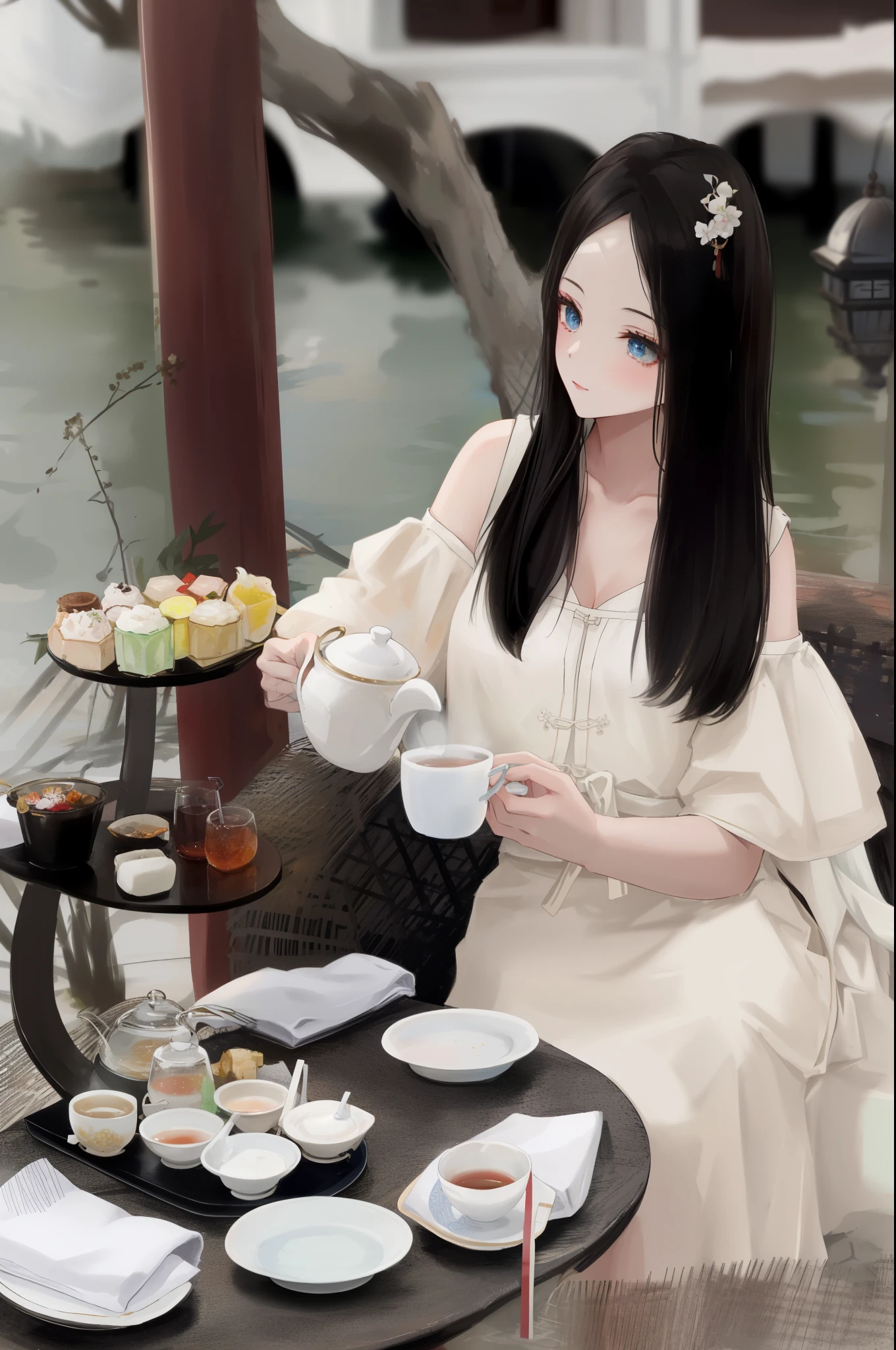 woman sitting at a table with plates of food and drinks, white hanfu, drinking tea,  ((drinking a cup of tea)), belle delphine, pale porcelain white skin, sha xi, ivory pale skin, at the waterside, dilraba dilmurat, chinese girl, tea drinking and  lanterns, palace ， a girl in hanfu, tea party