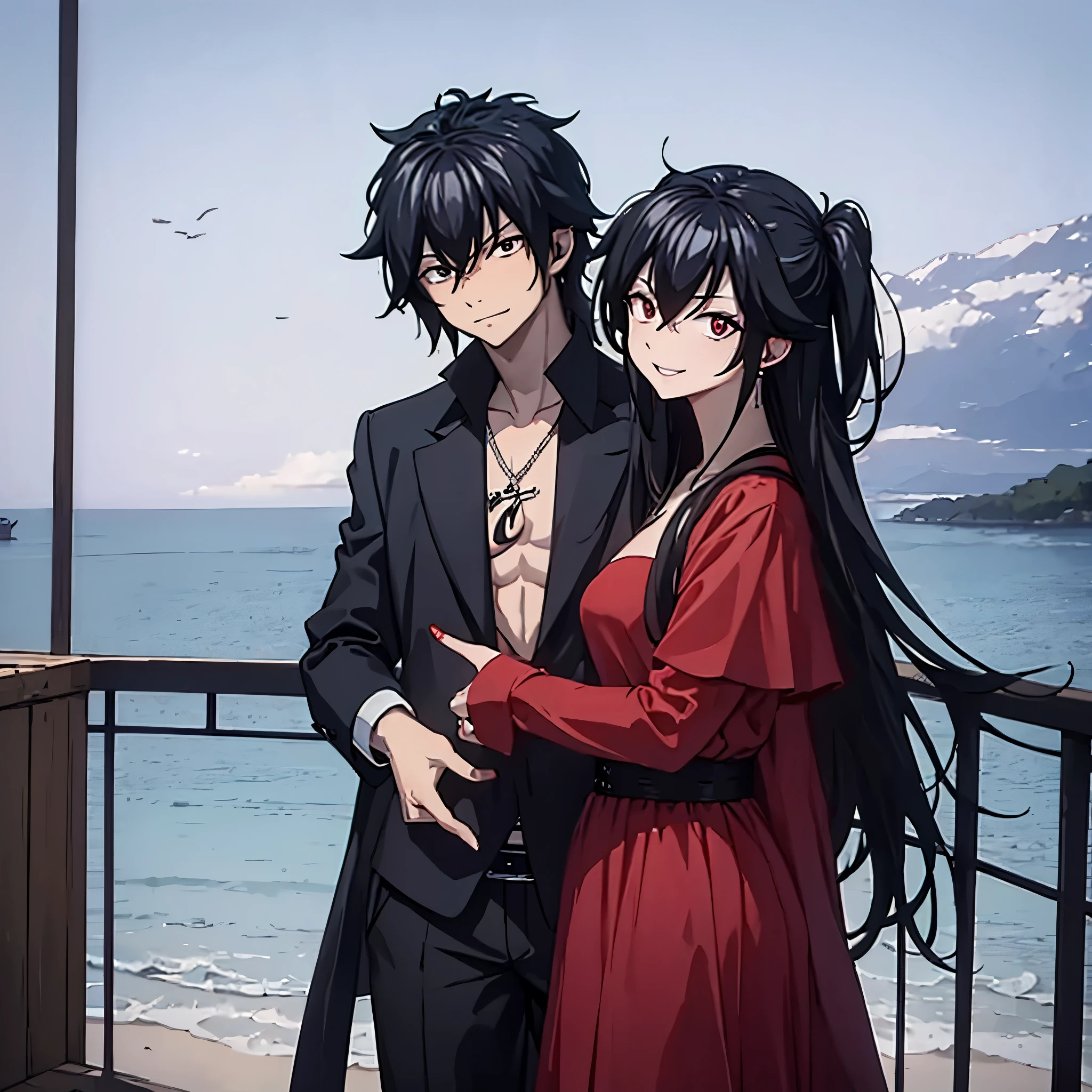 a man in black casual clothes holding the hand of a woman, red eye, smiling in a red dress in a naval port