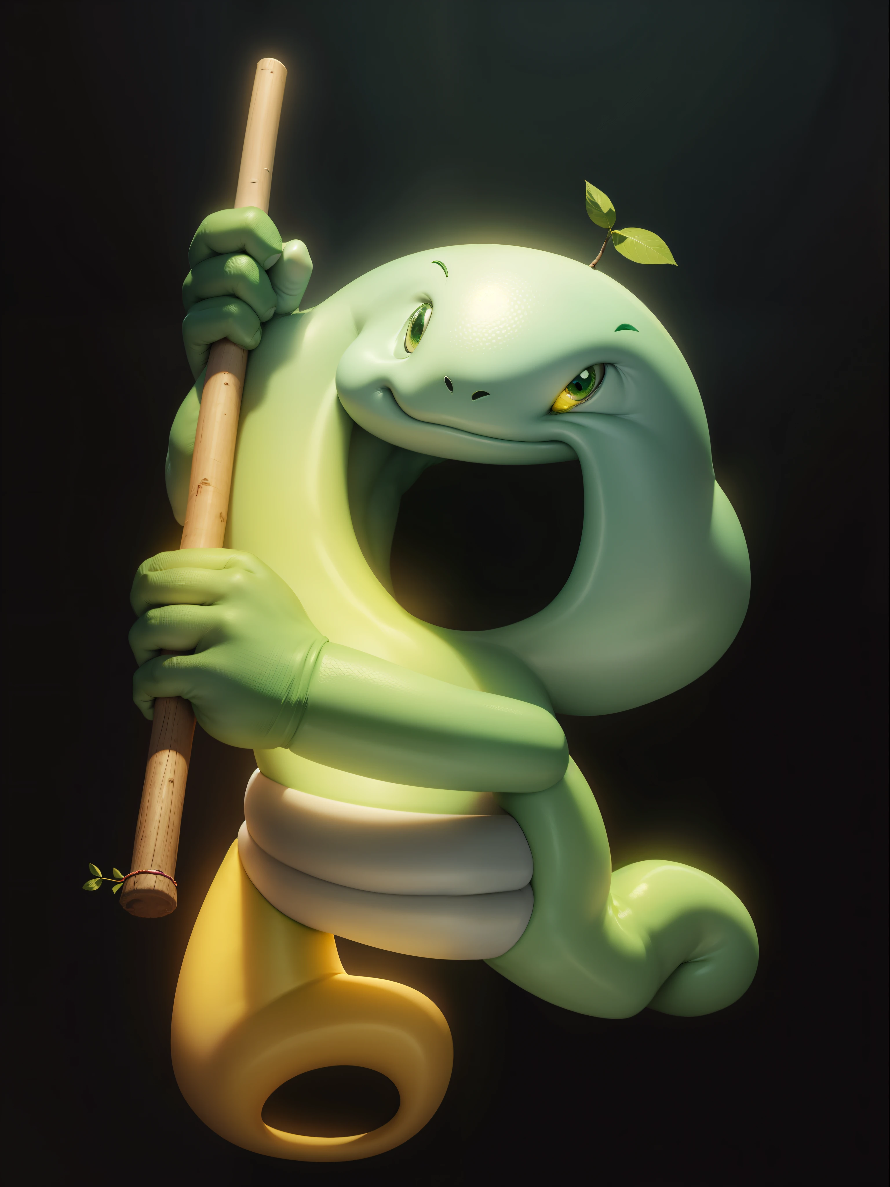 Lovely,green skin,Yellow belly,Smile,Holding a stick in both hands,running,