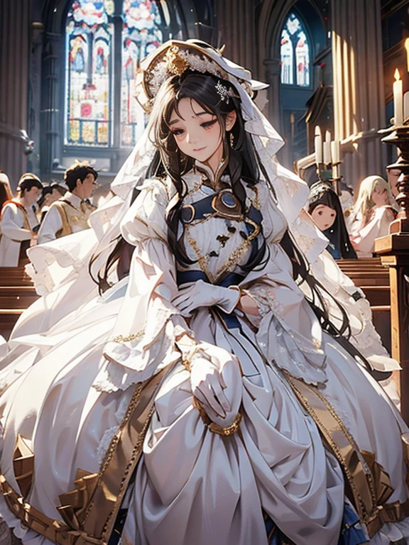 In front of the altar of a majestic church、（blurred background）、brighter light、golden long hair girl、Classic White Wedding Dresses、（elegant luster）、（Lots of races）、lots of ribbons、((voluminous puff sleeves))、long cuffs with many buttons、golden embroidery、long train、white embroidered gloves、five fingers、laughter、Redness of the cheeks