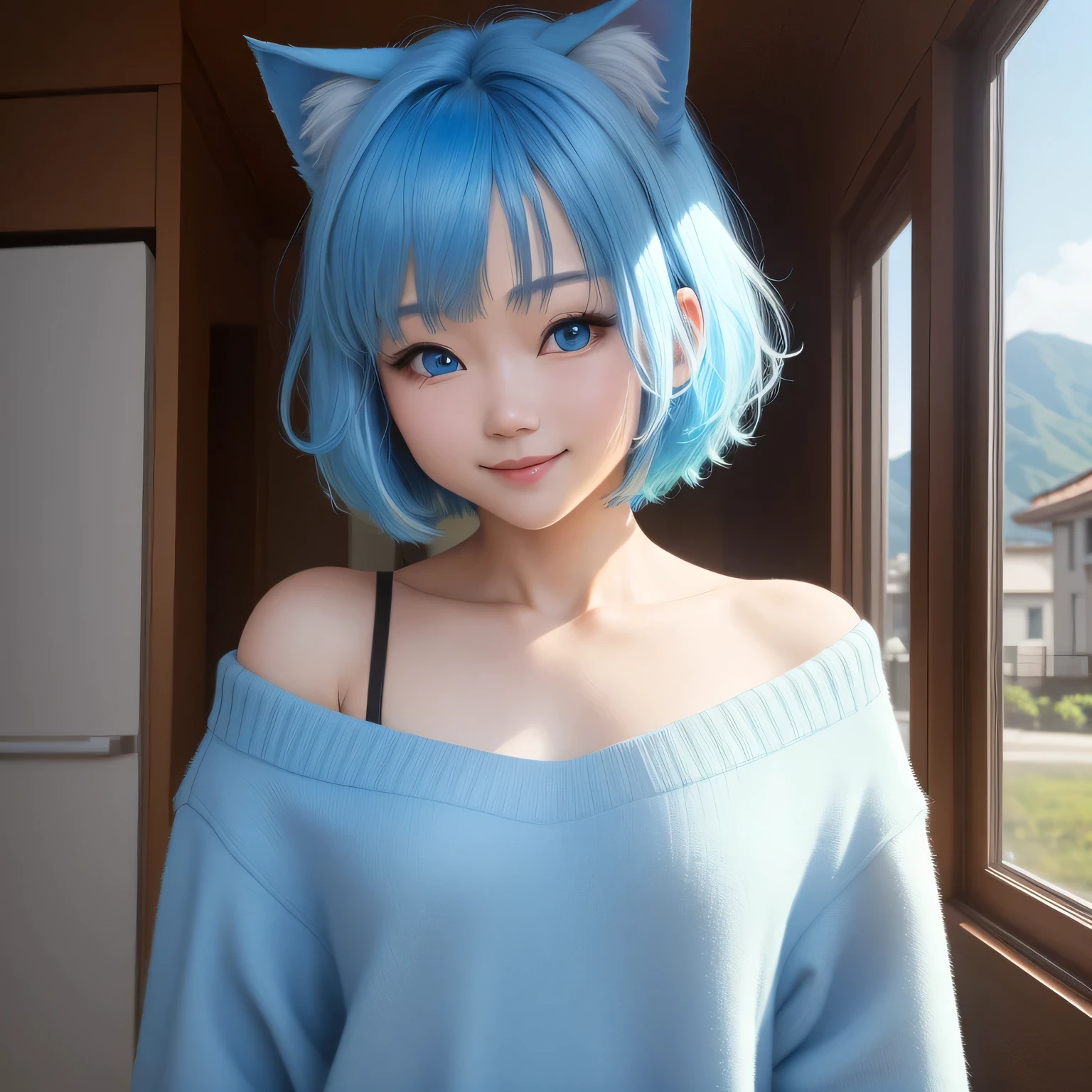 (8k, HDR, RAW photo, best quality, masterpiece:1.2, realistic lighting), medium body view, korean girl, solo, smile, wearing blue sweater, (bob cuts hair), ((sky blue hair)), (messy hair), path traced hair, (sky blue cat ears), ((sky blue eyes)), beauty eyes, (thin face), (flat chest), (small breasts), (home:1.3), wake up from bed, look up, upper body.