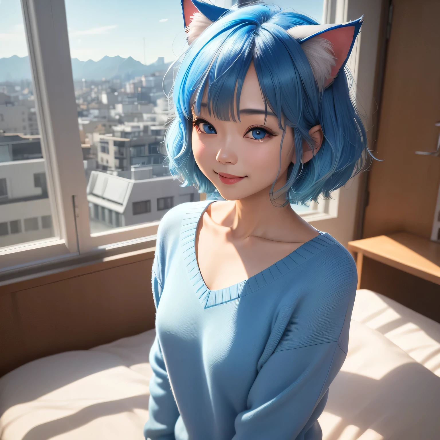 (8k, HDR, RAW photo, best quality, masterpiece:1.2, realistic lighting), medium body view, korean girl, solo, smile, wearing blue sweater, (bob cuts hair), ((sky blue hair)), (messy hair), path traced hair, (sky blue cat ears), ((sky blue eyes)), beauty eyes, (thin face), (flat chest), (small breasts), (home:1.3), wake up from bed, look up, upper body.