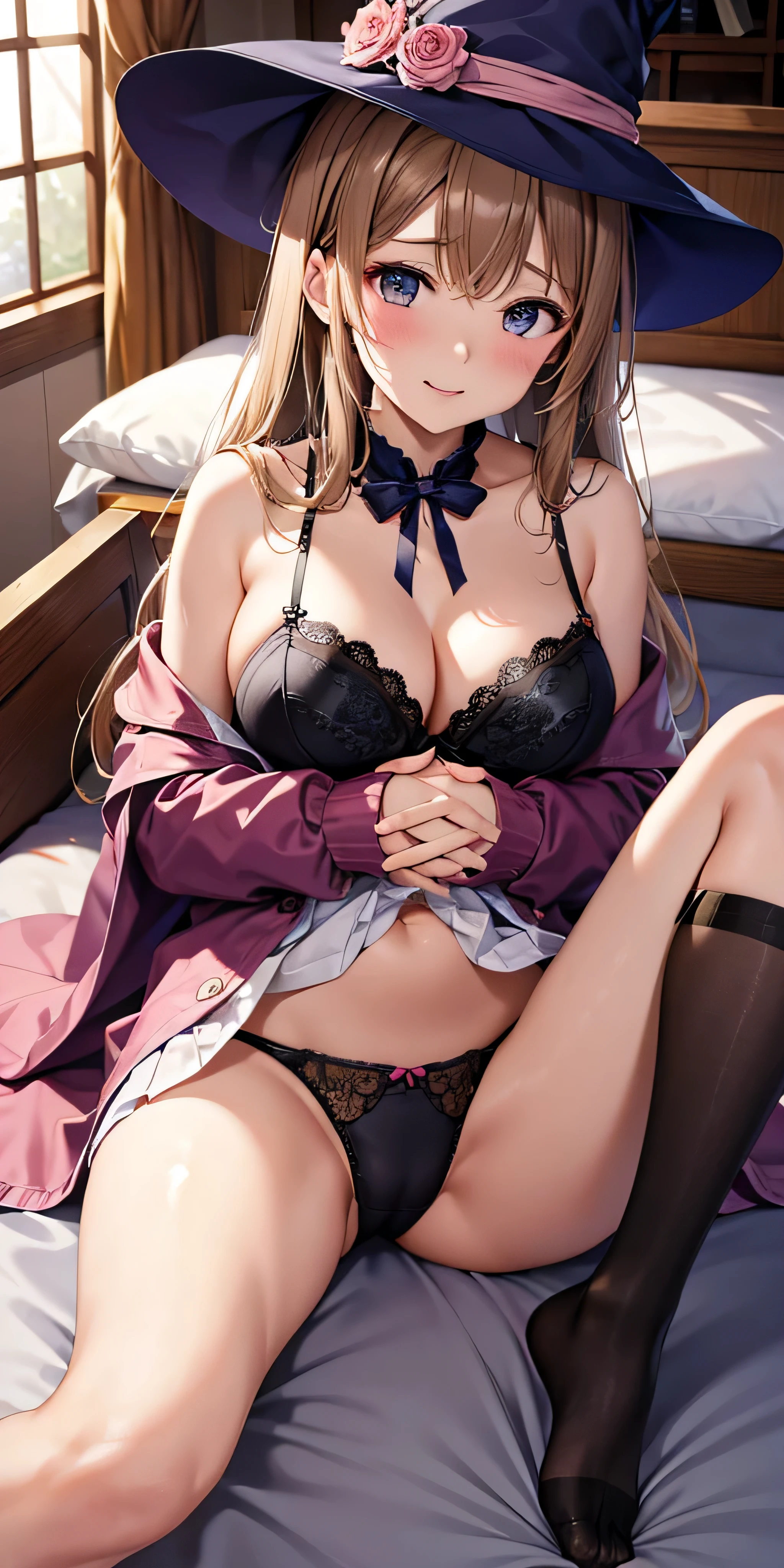 pieces fly, highest quality, Highly detailed CG Unity 8k wallpaper, sexy witch , long dark blonde wavy hair、off shoulder knit, dark blue pleated skirt, stockings、medium breasts, saggy breasts, , blush, shy smile, , (pink lace panties、pink good、((open your legs wide))、open your knees、、Massage your chest with your hands）、、magic book、chest wet with water、Church Beds、lie down on the bed、