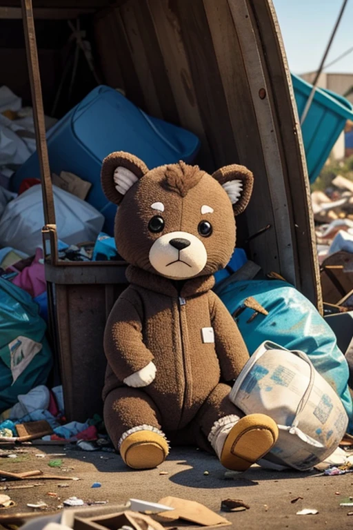 A stuffed animal with a sad face abandoned in a garbage dump