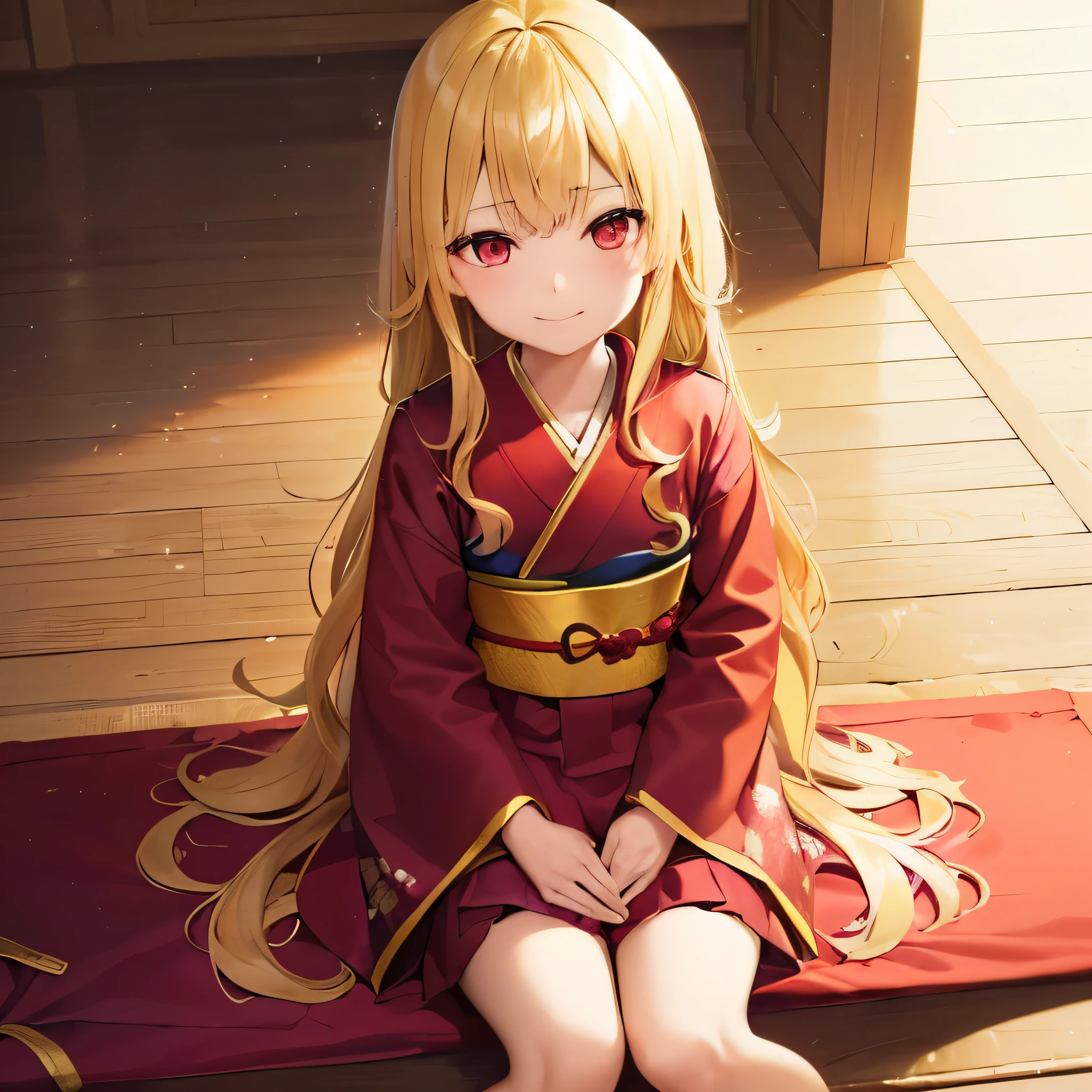 Best texture, high quality, 1 girl,((child)),(((((change))))),(((((10 years old))))),(((blonde hair))),Ahoge,long hair,wavy hair,(((red eyes))),kimono,Furisode,smile