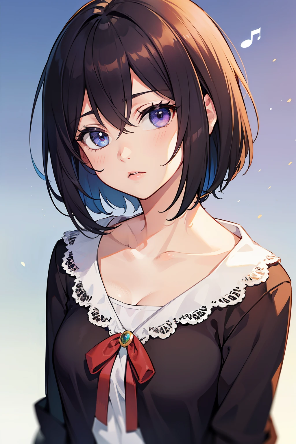 (high-quality, breathtaking),(expressive eyes, perfect face) 1female, girl , solo, ager, asian woman hairstyle, short hair length, soft wave, black hair color, Heterochromia left eye blue and right eye purple, short white dress, black long sleeved cardigan, blue and purple background, music
