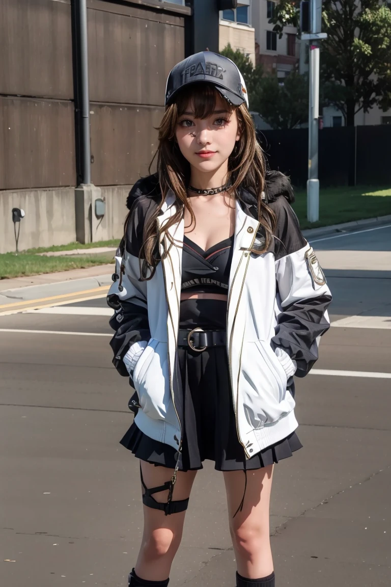 (extremely detailed CG), (best quality), 1girl, perfect face,  shiny skin, lustrous skin, wide hips, narrow waist, solo ,  KyokoDj,black footwear,pleated skirt, thigh strap, shoes,black skirt,white jacket, open jacket, headpones around neck, shirt. open clothes, skirt, bangs, long sleeves,baseball cap, brown eyes, long hair,brown hair, smile, portrait, seductive smile,