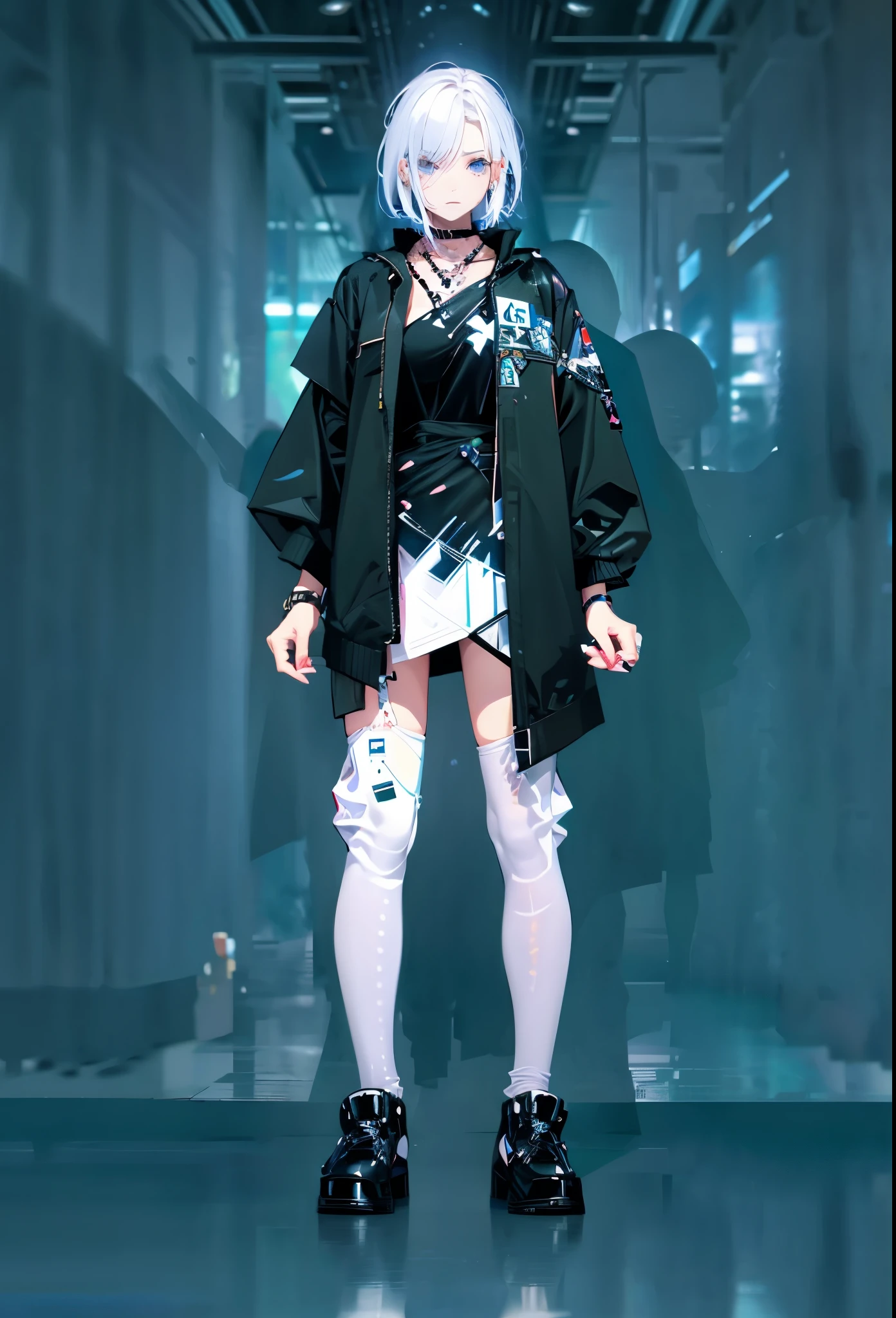 anime character with white hair and black outfit standing in front of blue background, single character full body, !!full body portrait!!, delicate androgynous prince, full body portrait of a short!, detailed full body concept, character full body portrait, full body adoptable, full body concept, full body character concept, full body character portrait, fullbody portrait, full body,realistic hd quality