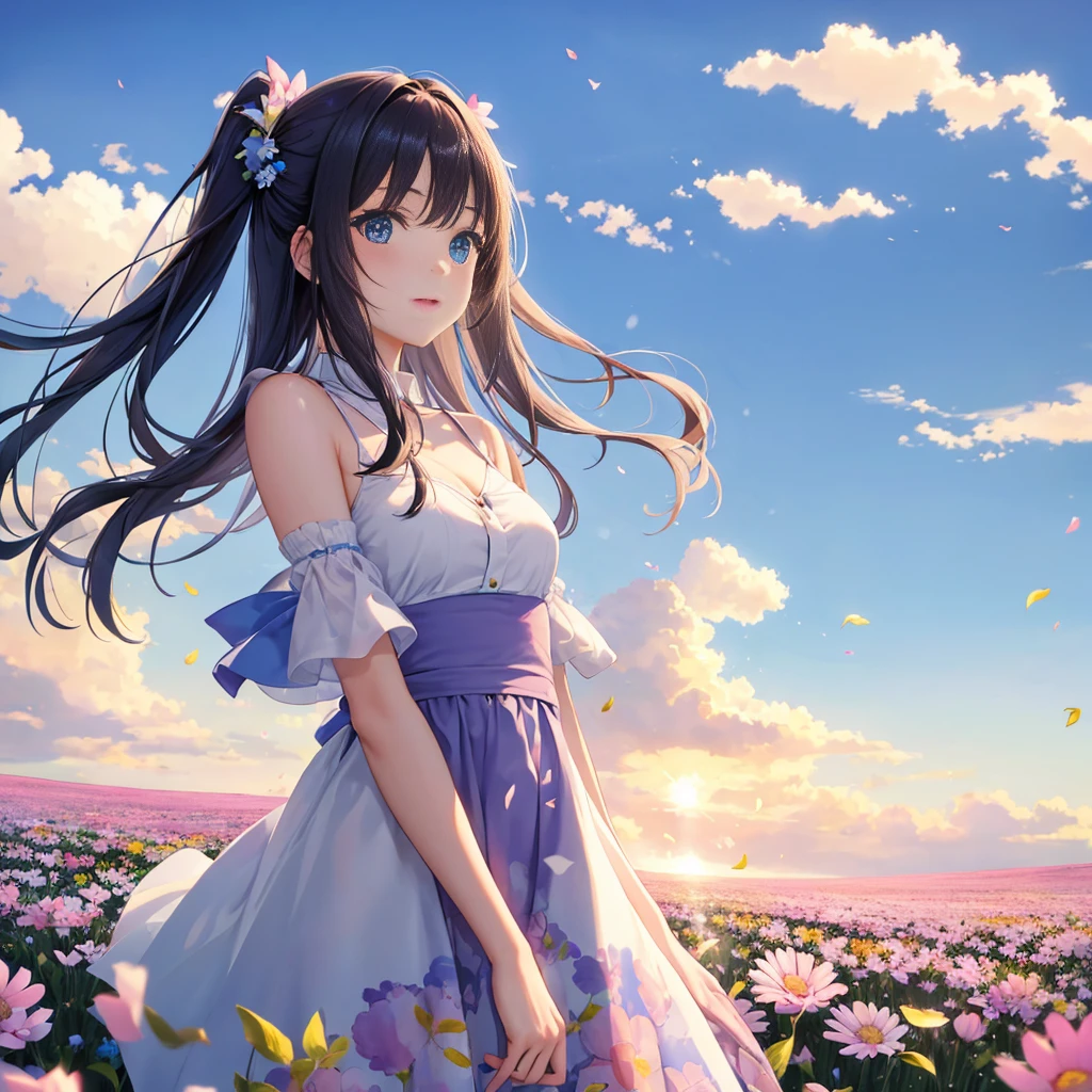 Beautiful gradient sky, clear air, pretty girl with striking eyes, staring at the sky, transparent, fantastic, 32K, a field of flowers, shimmering time