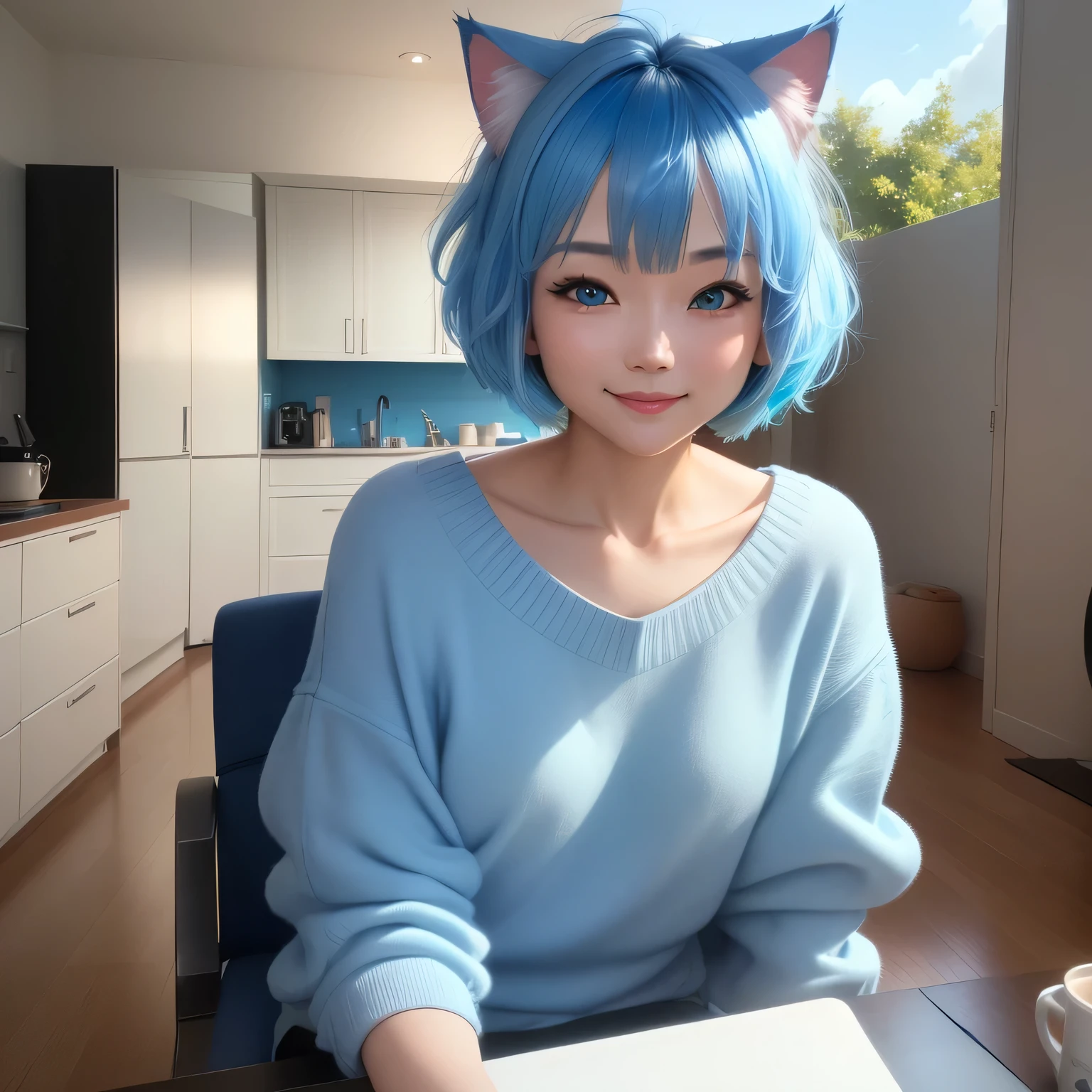 (8k, HDR, RAW photo, best quality, masterpiece:1.2, realistic lighting), medium body view, korean girl, solo, smile, wearing blue sweater, (bob cuts hair), ((sky blue hair)), (messy hair), path traced hair, (sky blue cat ears), ((sky blue eyes)), beauty eyes, (thin face), (flat chest), (small breasts), (home:1.3), working at home, laptop, look up, upper body.