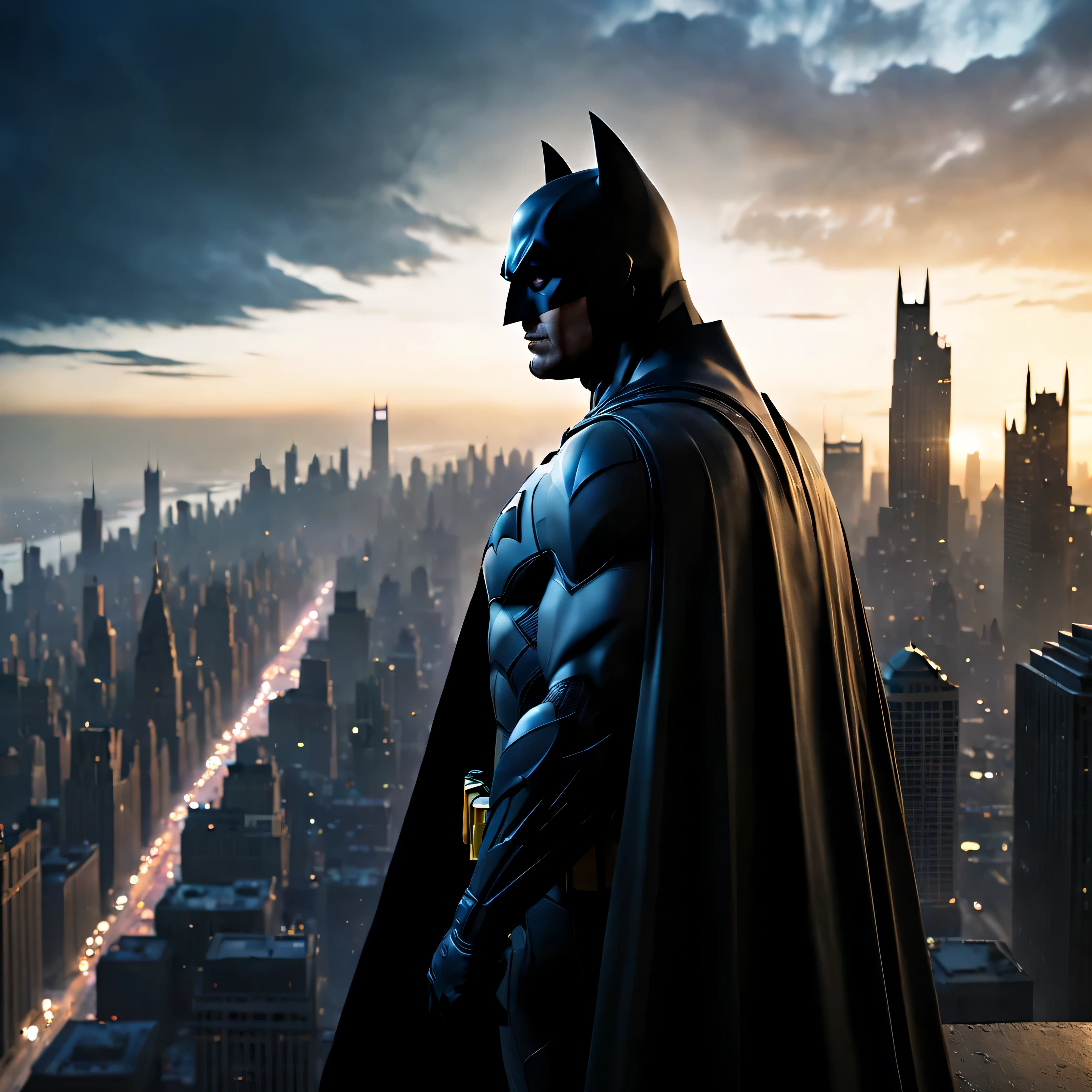 Subject description: In cinematic style, Batman is pictured standing on the edge of a skyscraper, com vista para Gotham City ao amanhecer. A primeira luz do nascer do sol ilumina o horizonte, throwing a heat, hopeful glow over the city. This scene symbolizes hope, with Batman as a vigilant guardian watching over a city transitioning from darkness to light. The cityscape below is detailed, mostrando os primeiros sinais da cidade acordando. A figura do Batman aparece em silhueta contra o amanhecer, with your cape floating gently in the morning breeze. Tipo de imagem: Imagem digital fotorrealista. Estilos de arte: cinematographic, realismo. Camera: Lente grande angular, 35mm, perfect for capturing the expansive view of the city and dramatic sky. tomada: High angle shot looking over Batman's shoulder, mostrando sua silhueta e a extensa cidade abaixo. Render related information: 8k resolution, HDR lighting to capture the vibrant colors of the sunrise and the contrast with Batman's dark silhouette, Focus on realistic city textures and gradual sky lighting, conveying a sense of hope and renewal.