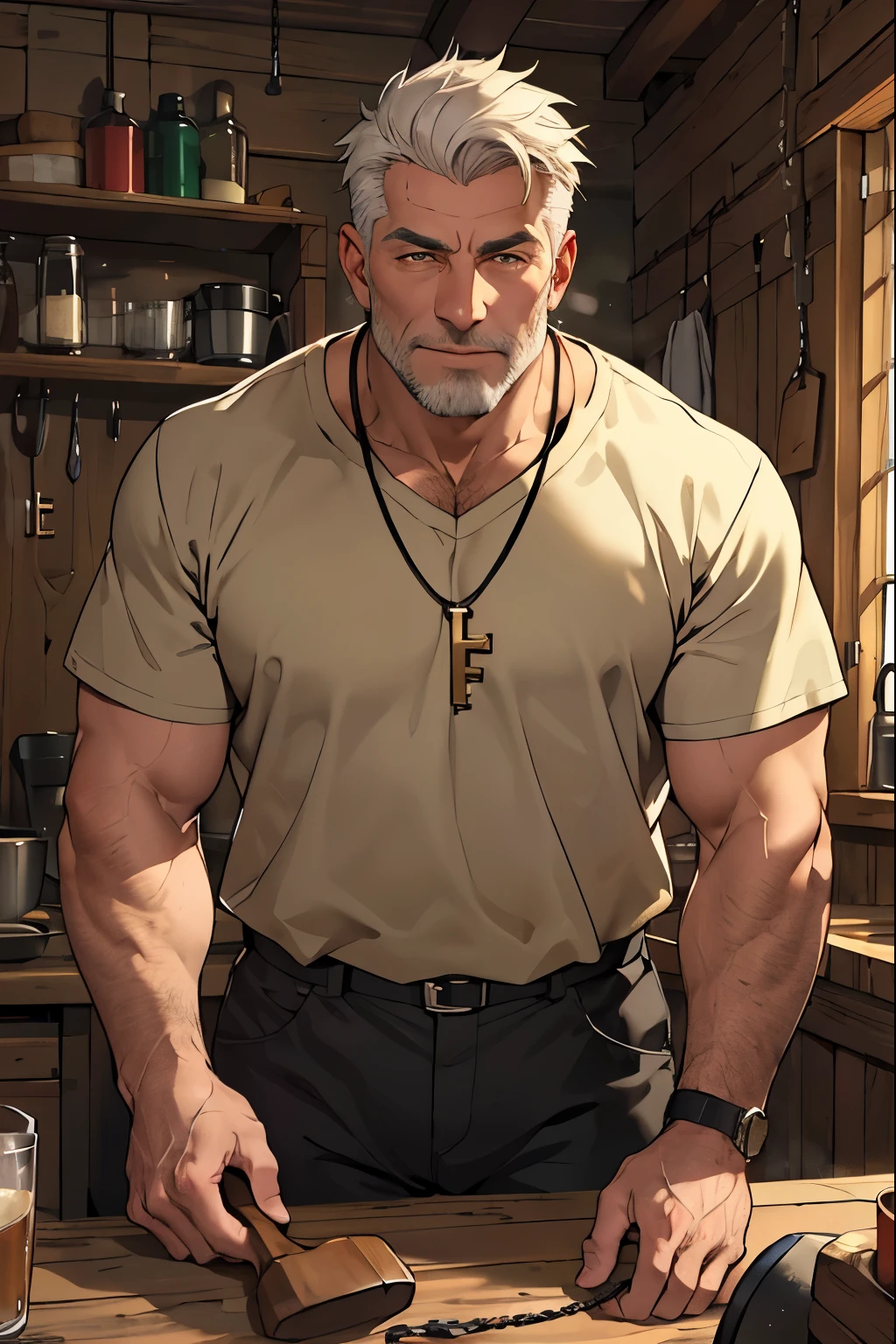 Hairy daddy old man DILF wearing key necklace. Dominant, Confident, friendly, bdsm.