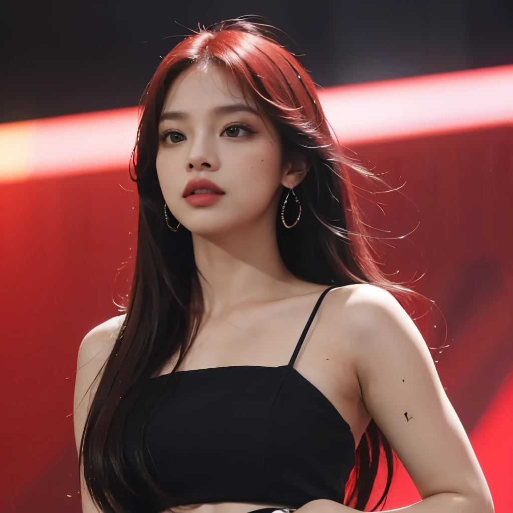 Cabello rojo, con rasgos de Jennie de BlackPink