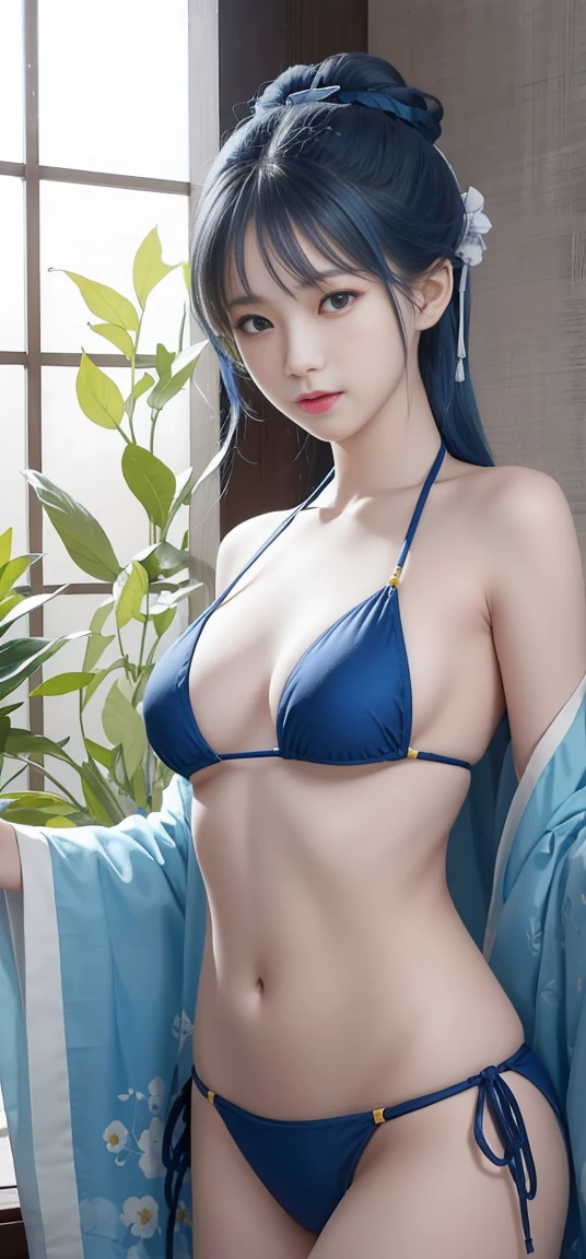 8K, Top Quality, Intricate Details, Ultra Detail, Ultra High Resolution, Masterpiece, close up shot, (full body: 1.1), Slender, Smile, (Makeup: 0.4), ,(( blue hair, bangs, short hair, blue eyes, long hair)), (Fluffy Eyes: 1.21), (()), 1girl, solo, 1 girl, (()), close up shot, , ((tall)), (((fit body))), (((slim face))), sharp face, (( ( kimono, skin tight kimono, kimono)),, cleavege, crotch)) ,(detailed face), sharp face, small lips, , ,(( )) ,, ,
((,no bra, braless )), , (( )), detailed face, detailed breast, large breast ,huge breast, detail nipples ,, Narrow Waist, Skinny, tall , 190 cm tall, Muscular, Navel, Exposed Abdomen, Pointed Chest,, Beautiful girl with accentuated slender abs: 1.4, Six Pack Abs: 1.4, , Perfect Body, detail legs, (( dark background)), black background,