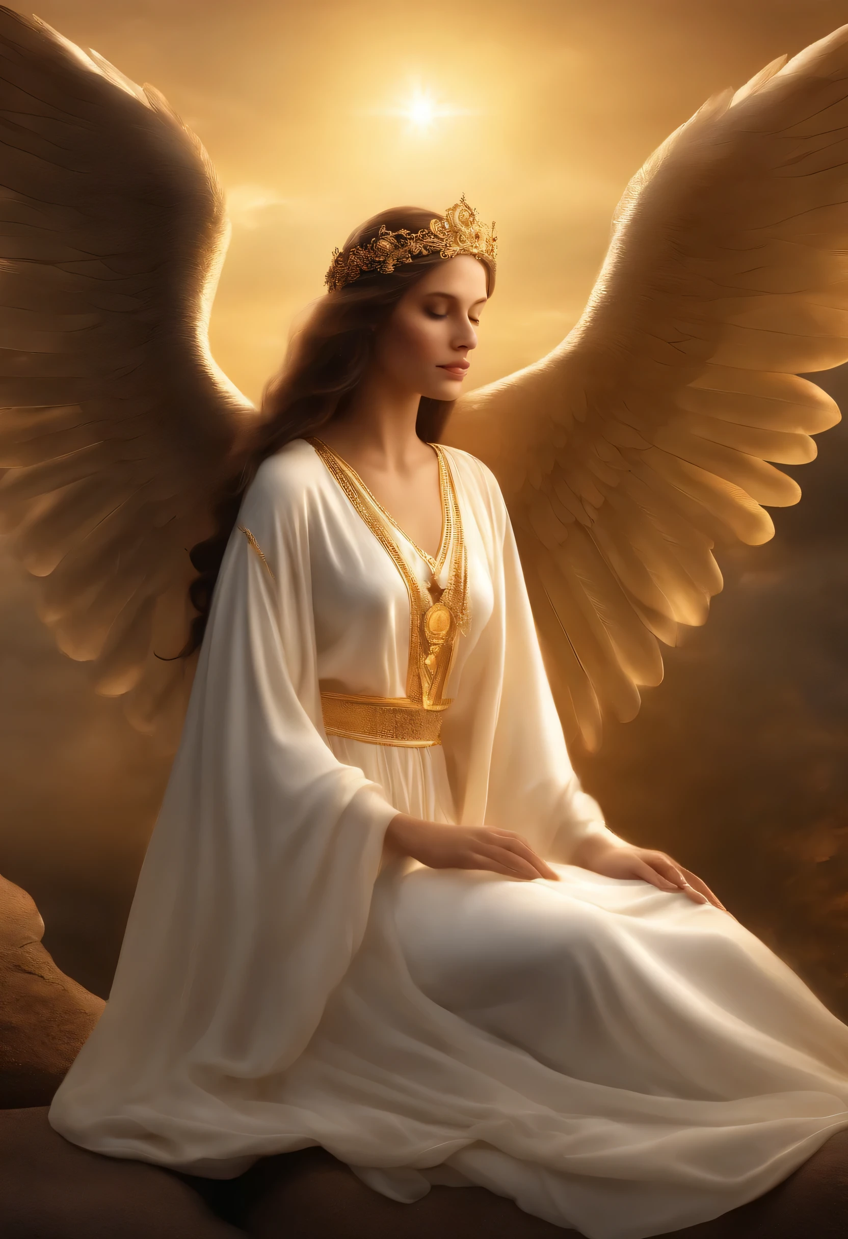 realistic, (surreal:1.2), beautiful, masterpiece, better quality, highly detailed face, perfect lighting, nice hands, perfect hands, God's Angel Fell from Desire ,(new , huge breasts, Depida,) (existence of heaven:1.2), (calm expression), (majestic wings), (fantastic shine: 1.1), (peace and comfort), (Transcendence beauty), (God's grace), (symbol of purity), (golden halo), (uplifting atmosphere), (celestial kingdom), (spiritual writing), (soft and protective), (lighting lights: 1.2), (seraphic figure), (harmony and tranquility), (A timeless paradise), (enchanting aura), (healing and guidance)