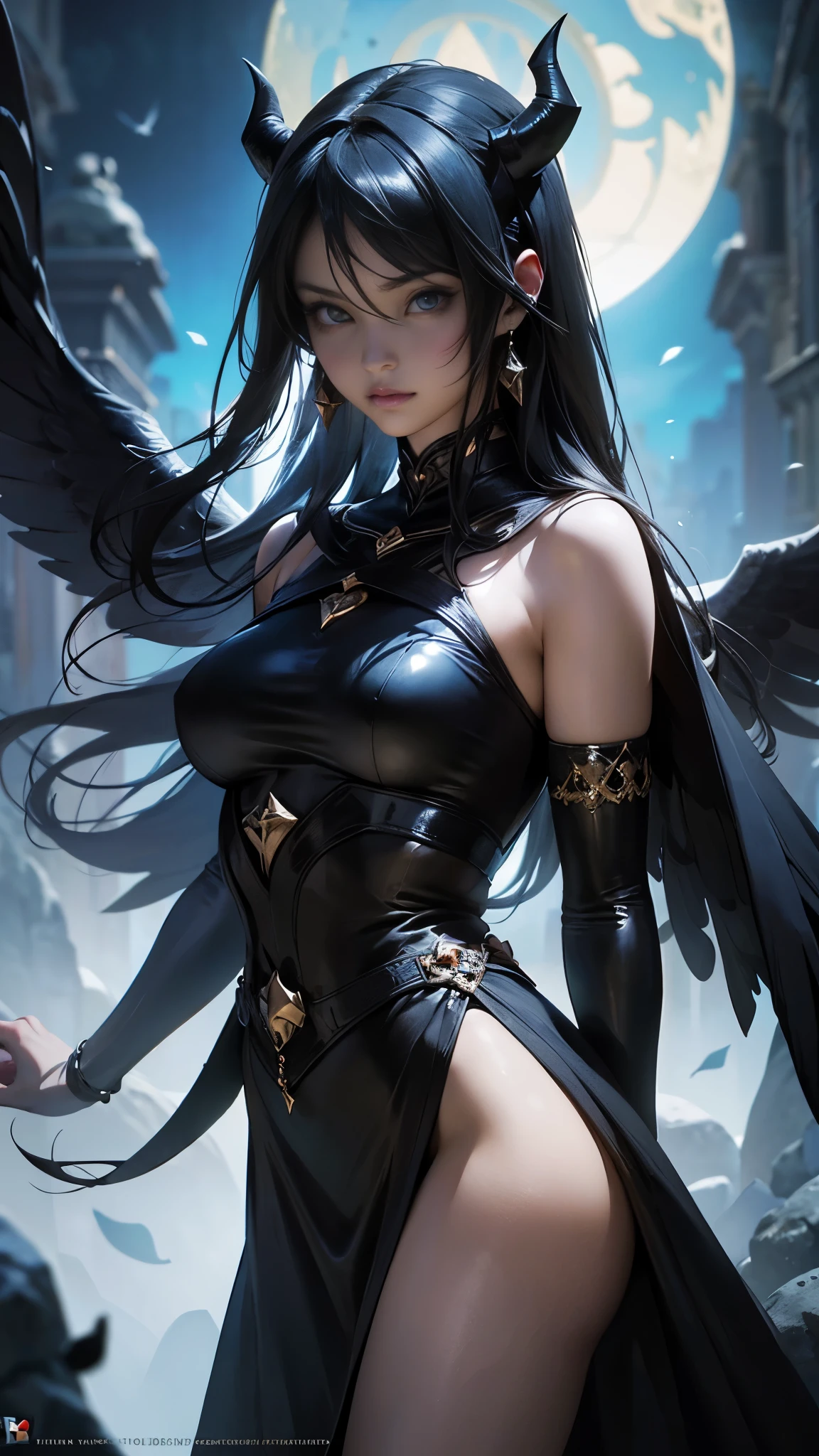(La mejor calidad,A high resolution,Ultra - detallado,actual),Ariana Grande sexy half-raven figure,dark clothing,arms with wings, harpia, no arm"(hermosos ojos azules), (fondo piedras grandes negro:1.4) , (pose vaquero ), (realistic) ,Arte detallado de alta calidad 8K, Fanart Mejor ArtStation, Fantasy art style , (fondo oscuro tenebroso bosque)