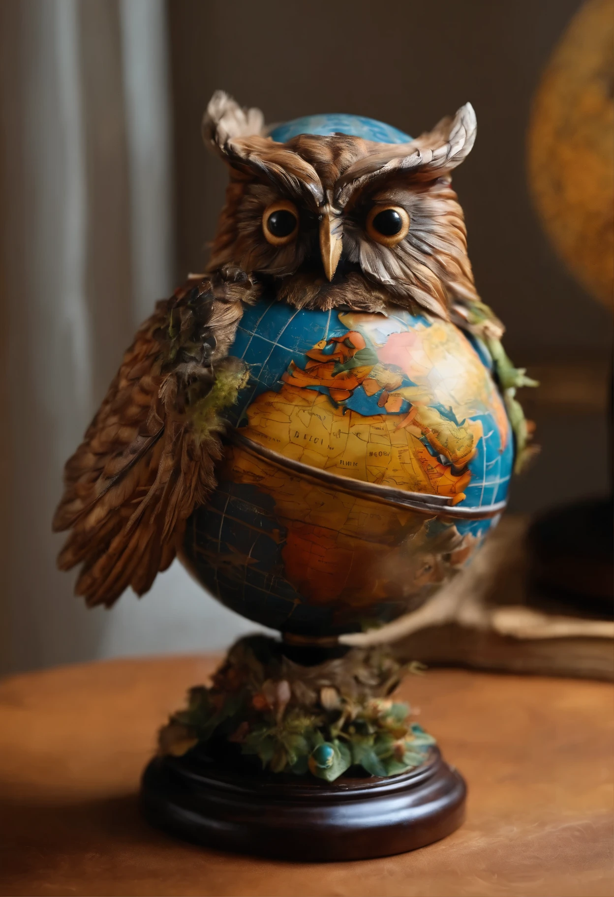 Scarecrow, an owl, globe, owl stretched on the globe, stuffed owl stretched over a globe, 