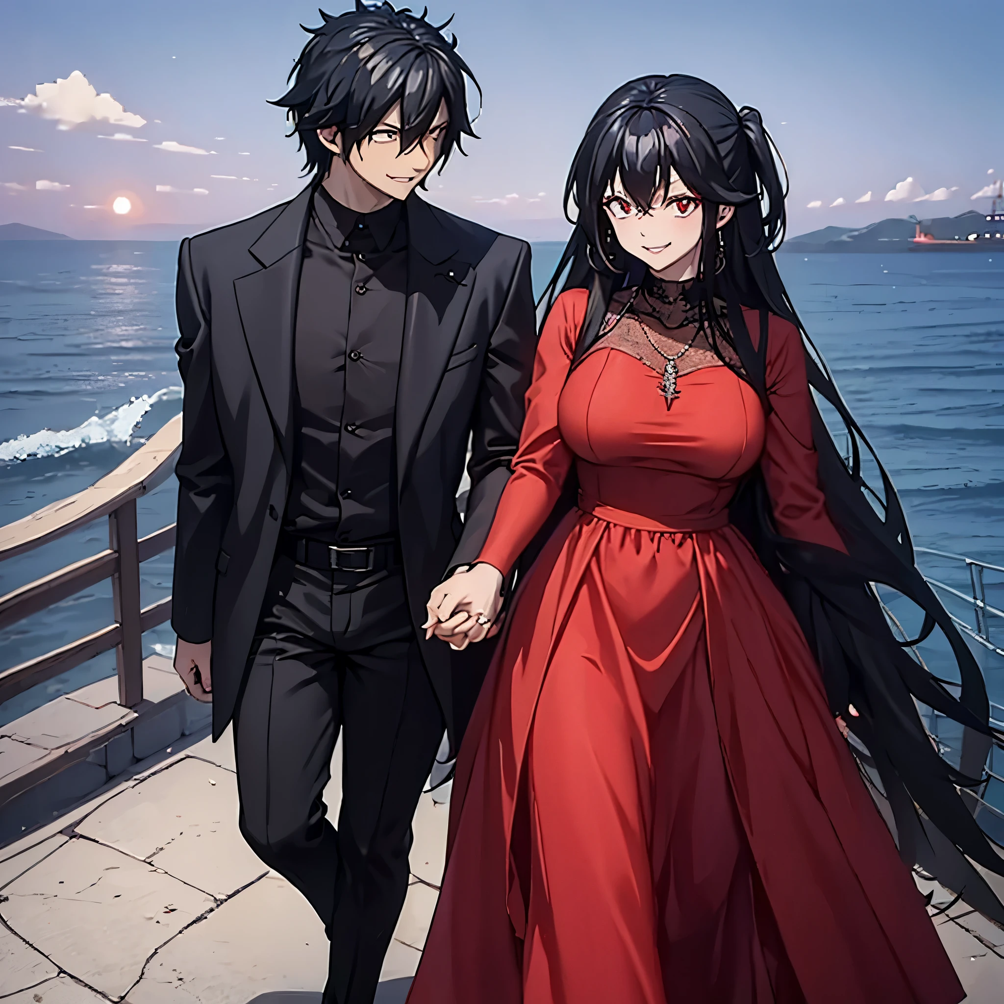 a man in black casual clothes holding the hand of a woman, red eye, smiling in a red dress in a naval port
