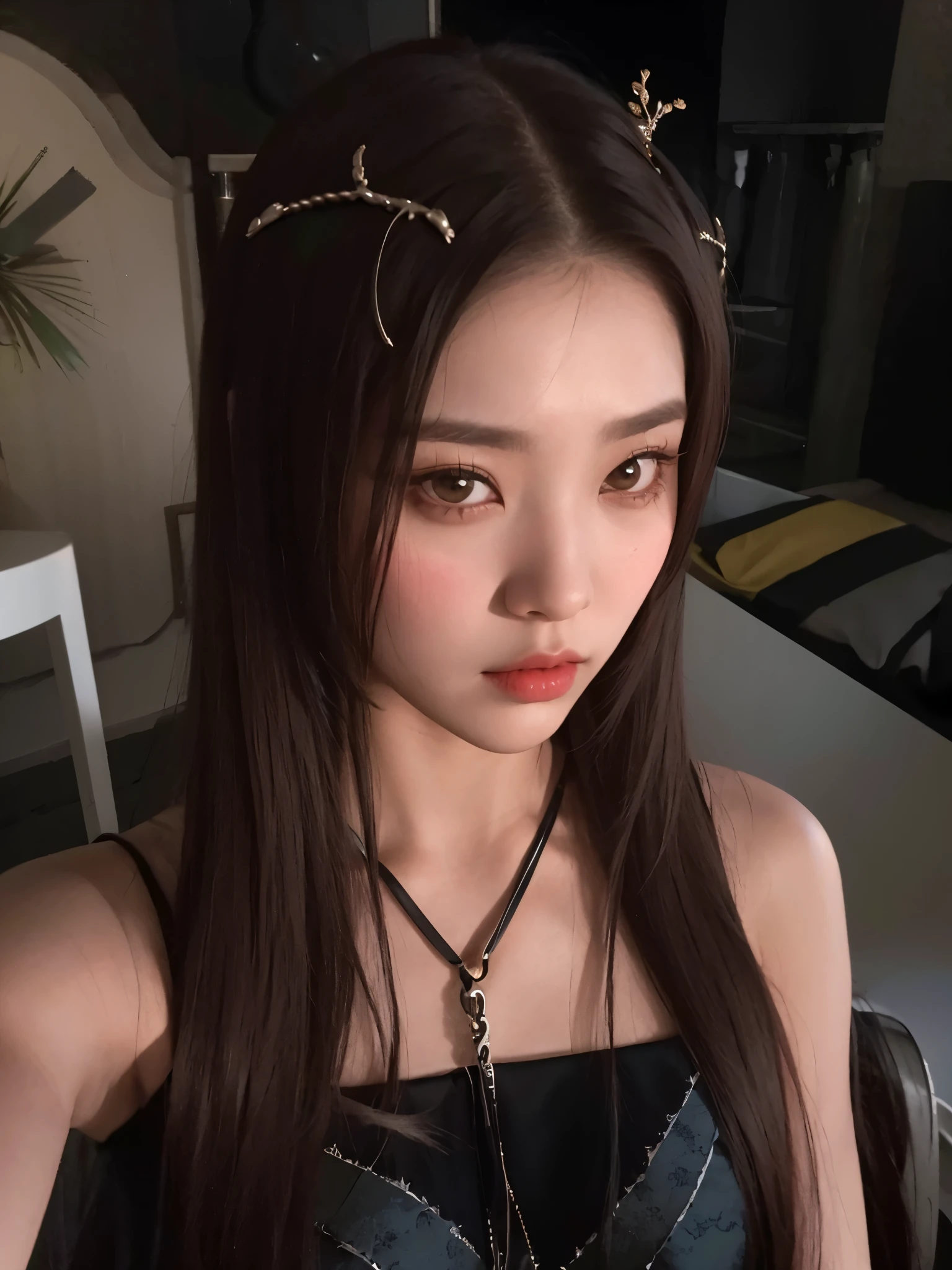 Mujer arafed con cabello largo con un vestido negro y un collar de cadena., peinado de coletas, con coletas negras, iu lee ji-eun como supervillano, peinado de dos colas, jossi de blackpink, jaeyeon nam, heonhwa choe, jinyoung shin, long brown hair weaving elf, cruel korean gothic girl, con pelo largo y ojos penetrantes