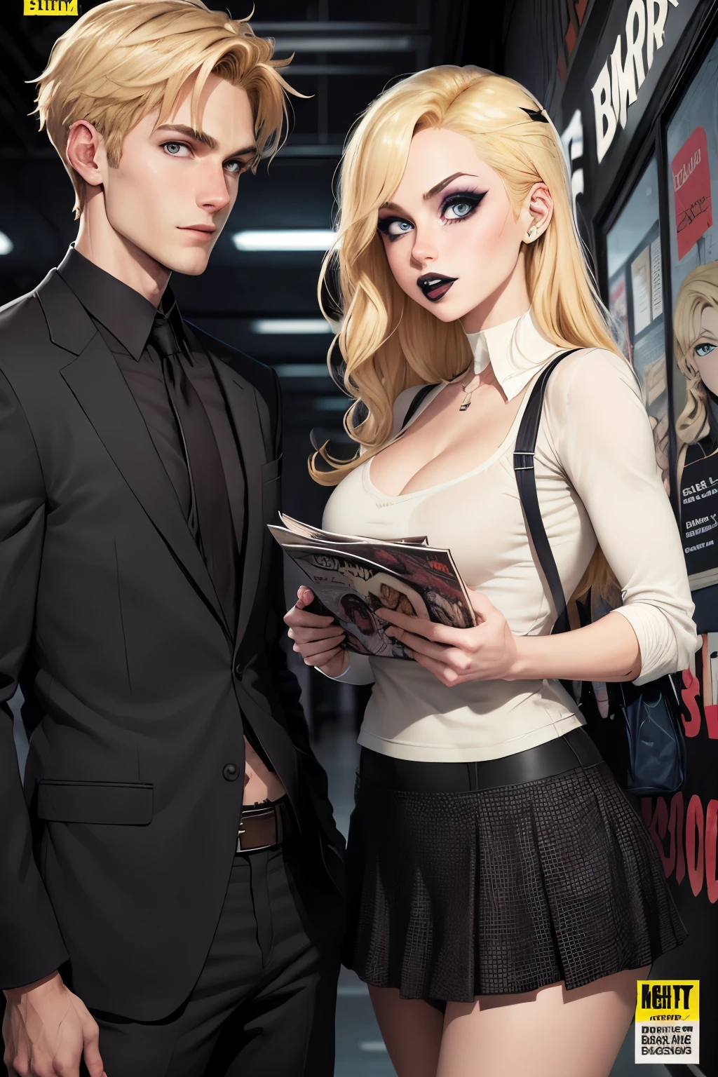 draw a cover for a comic book with a romcom theme, with a blonde nervous guy and a confident goth girl with dark hair, and dark makeup, school setting, for a teenage audience