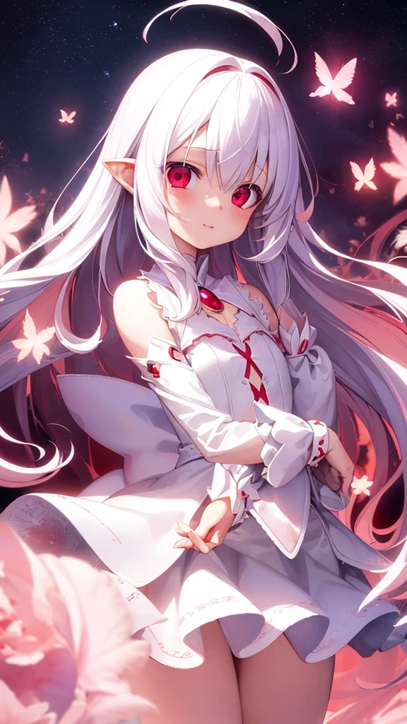 beautiful illustration, best quality, cute petit girl, (transform sequence), transform magical girl, chibi, white magical girl, fractal art, albino, babyface, long pure white and red mesh hair, beautiful detailed red eyes, cinematic lighting, cowboy shot, looking at viewer, from bottom, happy