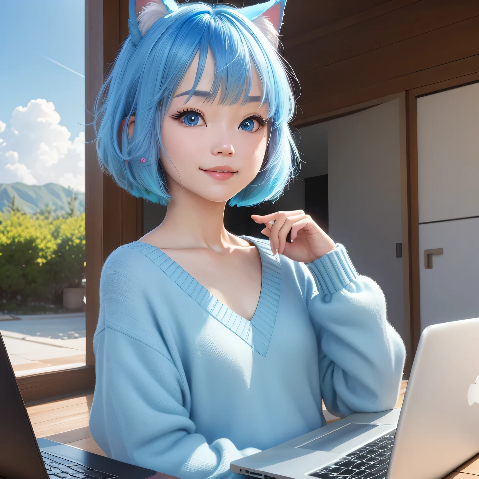 (8k, HDR, RAW photo, best quality, masterpiece:1.2, realistic lighting), medium body view, korean girl, solo, smile, wearing blue sweater, (bob cuts hair), ((sky blue hair)), (messy hair), path traced hair, (sky blue cat ears), ((sky blue eyes)), beauty eyes, (thin face), (flat chest), (small breasts), (home:1.3), working with her laptop, look up, upper body.