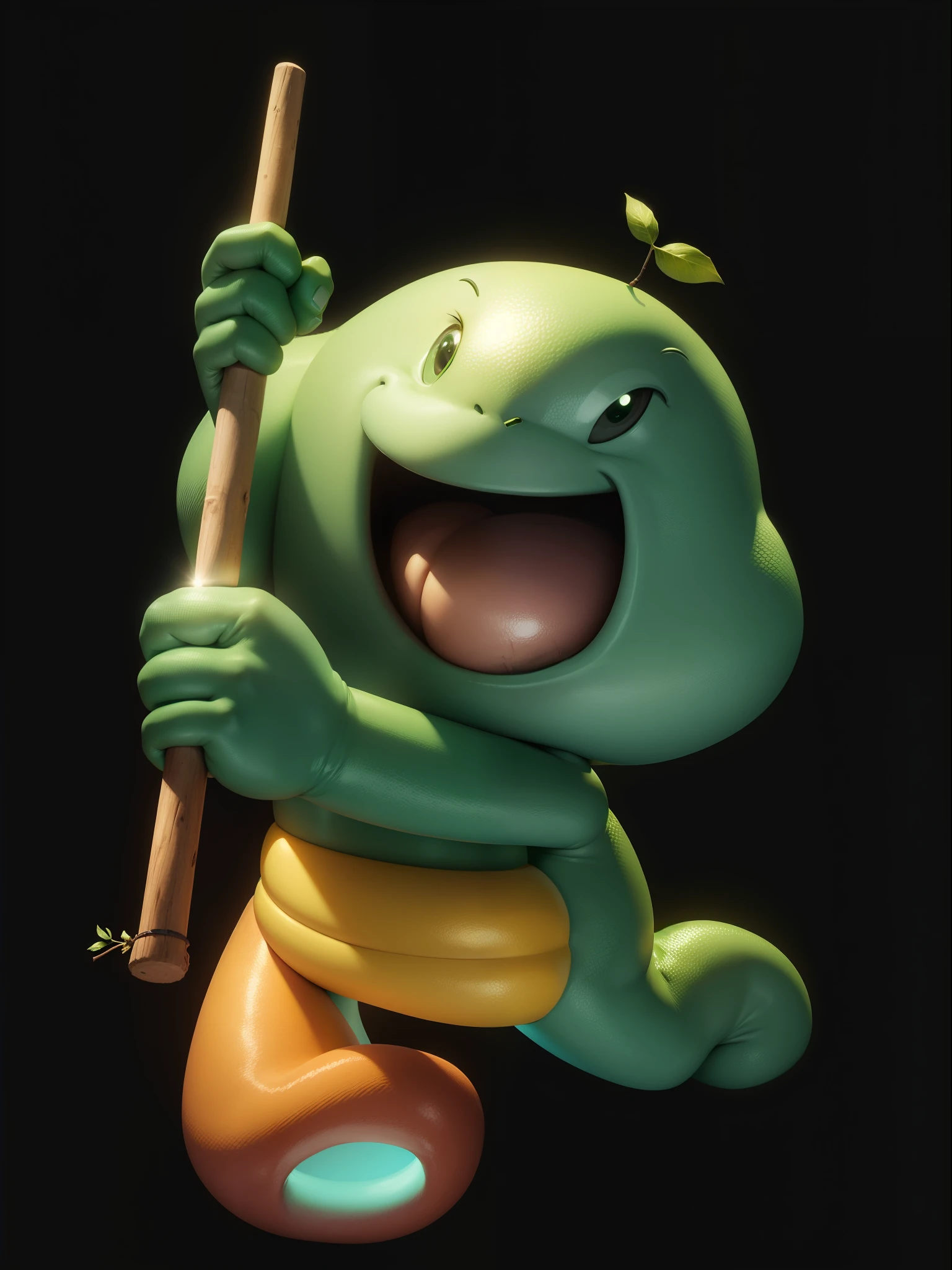 cute,green skin,Yellow belly,Smile,Holding a stick with both hands,run,
