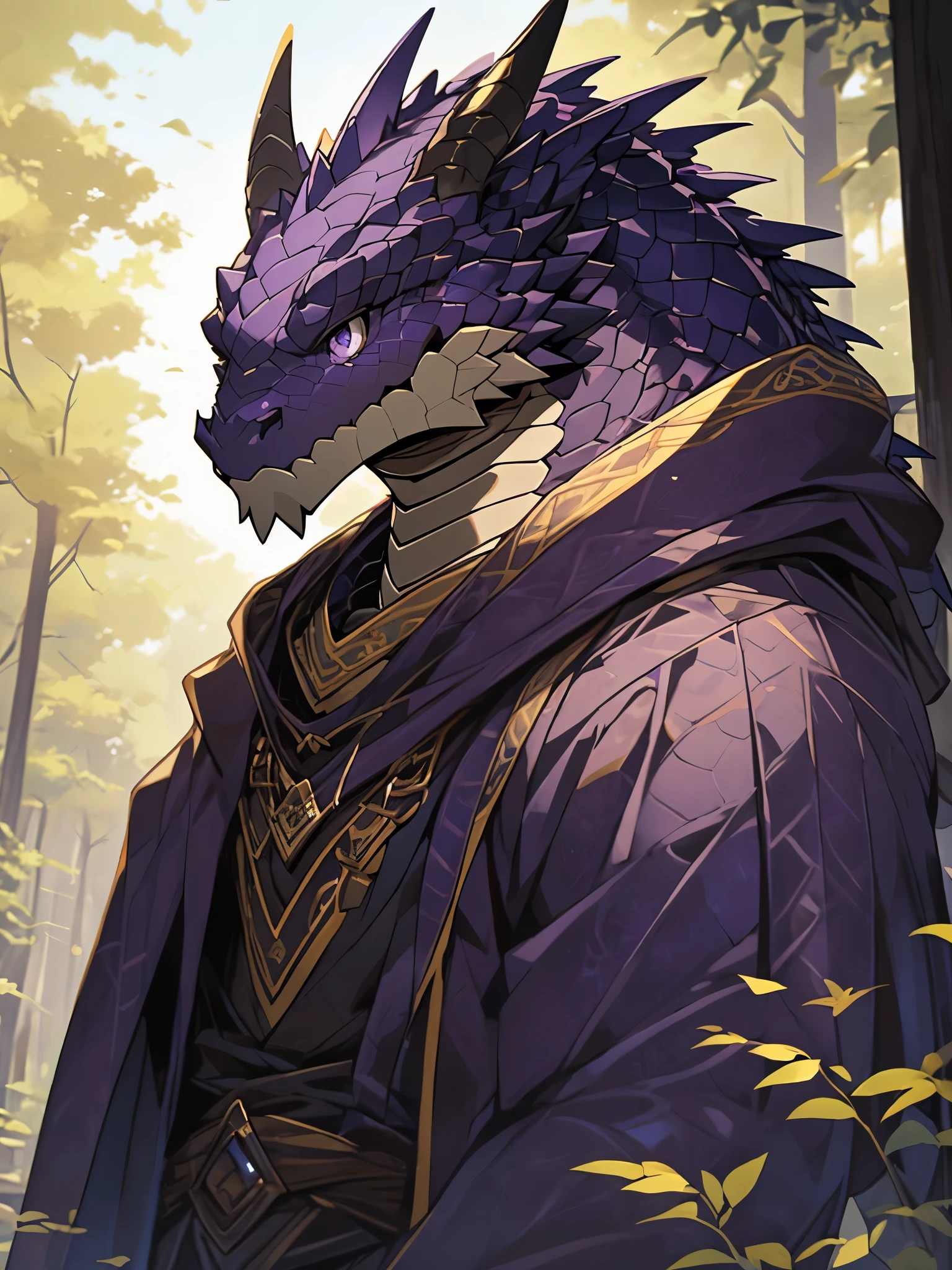 lizard, alone, Vertical pupils,Eye, (thin and long), slim, (Eye anthro snake):1.3, (Dark purple body scales:1.4), white belly, (Kanno:1.4), scally, 细致的Eye, Snake tail, ((human portrait)), , (细致的Eye, 金Eye, 明亮的Eye):1.1, Located in the woods of a small town, he a mage,robe ,Head down and think, The art of math, masterpiece, anime style.