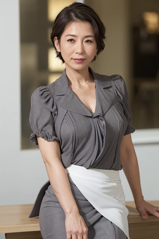 ((Highest quality)), ((8k)), ((masterpiece: 1.3)), (Perfect appearance), (Photorealism: 1.6), (KE), (JMA), (古い日本の町並みの中に立つJapanese women: 1.6), (Kyoto), (Clear Background), Japanese women, (48 years old), ((Stand upright, Look forward, Center of screen)), ((Realistic skin texture)), (Fine wrinkles appear all over the skin: 1.3), (Dullness: 1.1), (Unmoisturized skin: 1.2) , (Facial wrinkles: 0.9), (Wrinkles around the eyes: 1.2), double eyelid, Lower eyelid tear trough, (Crying Mole: 0.9), The eyes are looking here, Serious gaze, (Dimples: 1.2), Laugh with the corners of your mouth wide open, Straight medium length, Soft fabric blouse, (Through the white blouse: 1.3), (Voluptuous and glamorous body), (Wide sleeves), (Cuffs that fit your wrist), (The bottom of the blouse is tucked into the skirt: 1.2), flare skirt, High heels, (Focus on the upper body: 1.3), (Low - Angle: 1.4),