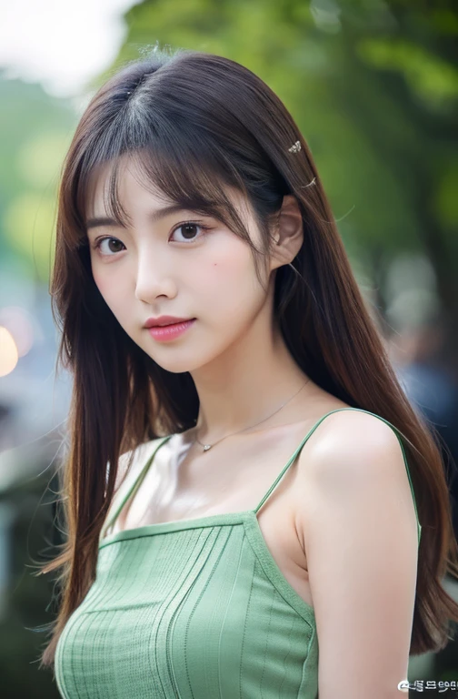 (1 Cute Korean Star) shoulder length hair, light makeup, big chest size, wearing a tank top, clear facial features, 8K high resolution, edgy, realistic detailed.From outside, Eye level shooting, F/4.0, 135mm, FujiFilm, jpeg artiFacts, Dithering, UHD, masterpiece, with my whole body, upper body, correct posture, Future-prooF, facing forward, idol, Delicate off-the-shoulder top, standing straight facing forward