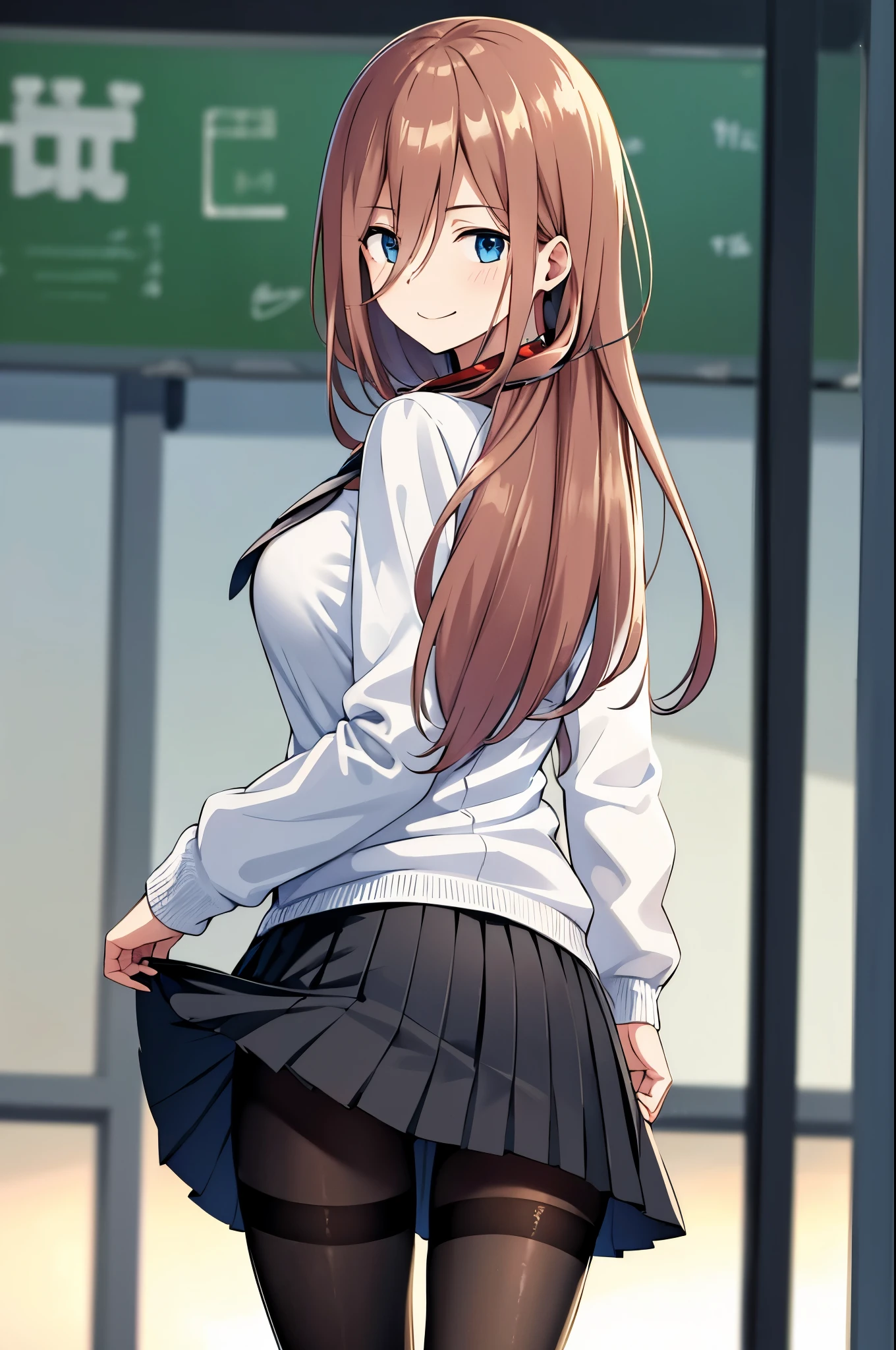 (masterpiece), best quality, expressive eyes, perfect face, highres, 1 girl, solo, miku nakano, long hair, bangs, blue eyes, brown hair, shirt, hair between eyes, headphones, cardigan, headphones around neck, skirt, shirt, long sleeves, white shirt, pantyhose, pleated skirt, black pantyhose, cardigan, green skirt, blue cardigan, outdoor, schoolyard, smiling, standing, from behind, butt, big butt, upper body portrait
