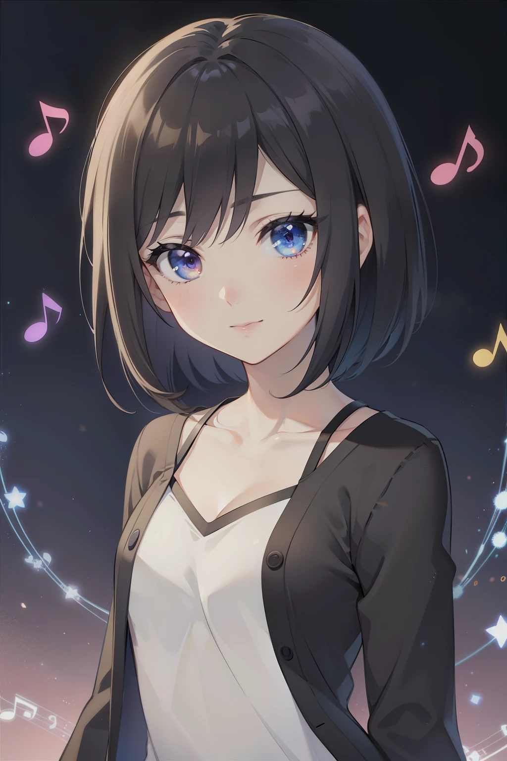 (high-quality, breathtaking),(expressive eyes, perfect face) 1female, girl , solo, teenager, asian woman hairstyle, short hair length, soft wave, black hair color, Heterochromia left eye blue and right eye purple, short white dress, black long sleeved cardigan, blue and purple background, music, gentle smile, swirls in background, music notes background, beautiful background
