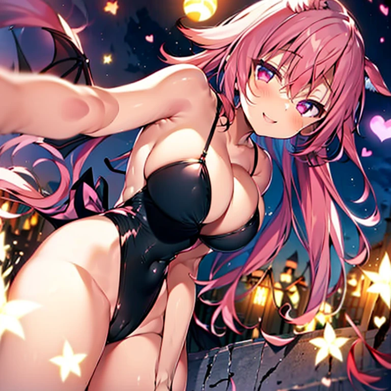 Succubus pose of temptation erotic body cute face attractive face Arm outstretched pose heart mark big smile pink hair eyes are hearts 4-arm charm magic angle from below