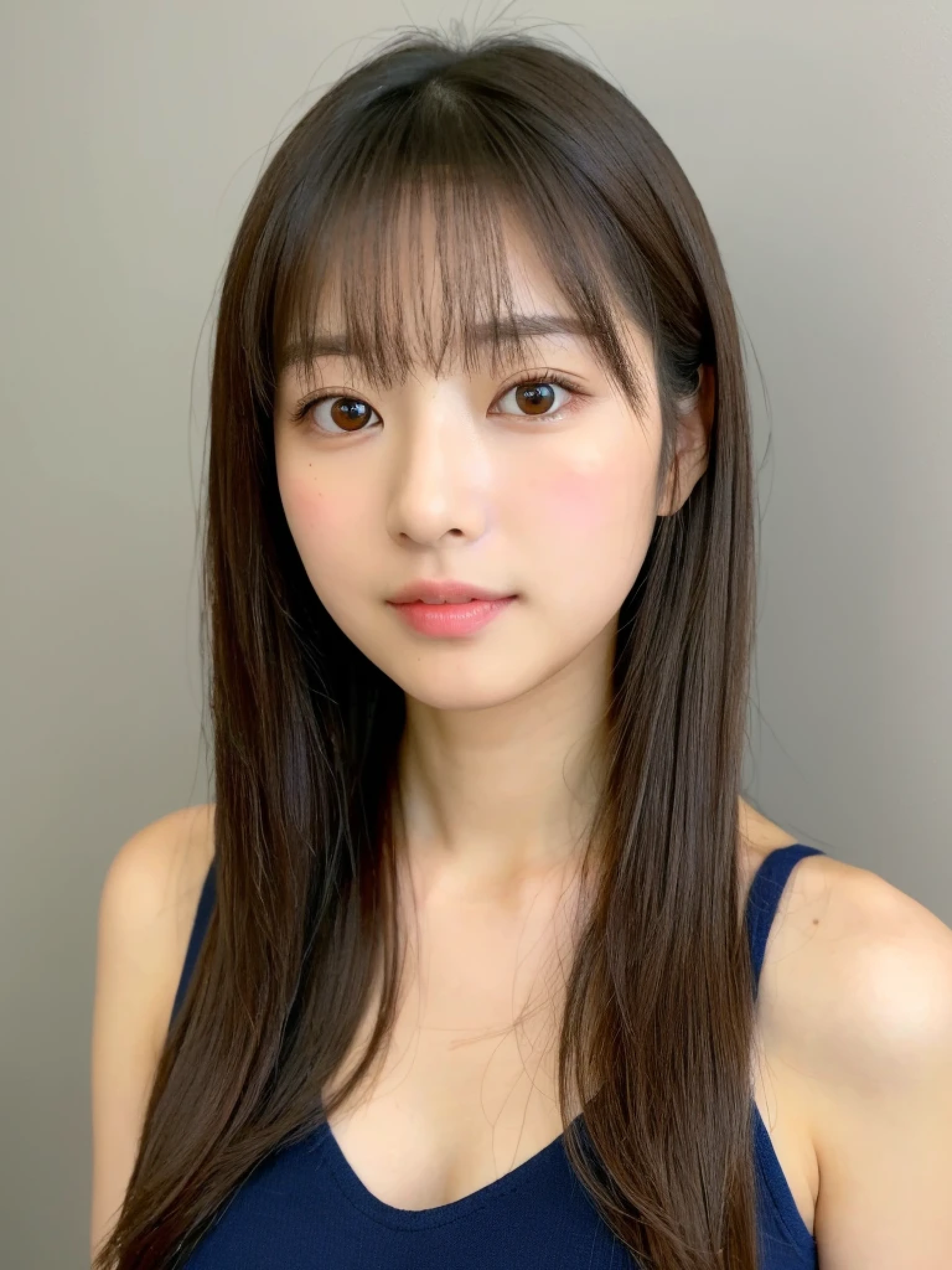 ((cute日本の女の子、beautiful japanese girl、1 girl、clear、19 years old、ponytail、Highly detailed face and skin texture、refinement、super detailed face、highly detailed eyes、Lee Hong、blush、cheek、ピンクのcheekを塗ったcheek、close-up of woman、Breast augmentation、frontを向いている顔、frontを向いている体、looking at camera、front、cute、smooth white skin、Transparent skin texture、))、(dark brown hair、bangs)、beautiful woman with perfect style:1.4、japanese model、young gravure idol、若いcuteグラビアアイドル、Realistic young gravure idol、refinementされたグラビアアイドル、((highest quality、8k、masterpiece:1.3、1photograph))、(4k、RAWphotograph、highest quality)、(realistic、フォトrealistic:1.37)、Place someone on the other side of the screen、Natural light、upper body and head、