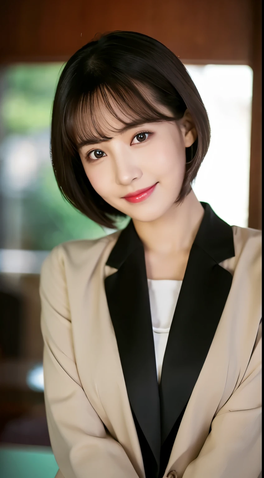 of the highest quality, masutepiece, 超A high resolution, Photorealistic, 1 girl,High-resolution full-body images, red-lips， Smile, slightly visible, Wearing a suit,skirt by the,fullbody image,Soft lighting, Detailed skin, Bangs, Black hair, Clear eyes, Short bob hair, Transparency, Japan, Korean, Beautiful woman, Upper Eyes, Lip gloss, Teardrops, Mole on the chest,unclear, Highlight the lines of the body,The background is office